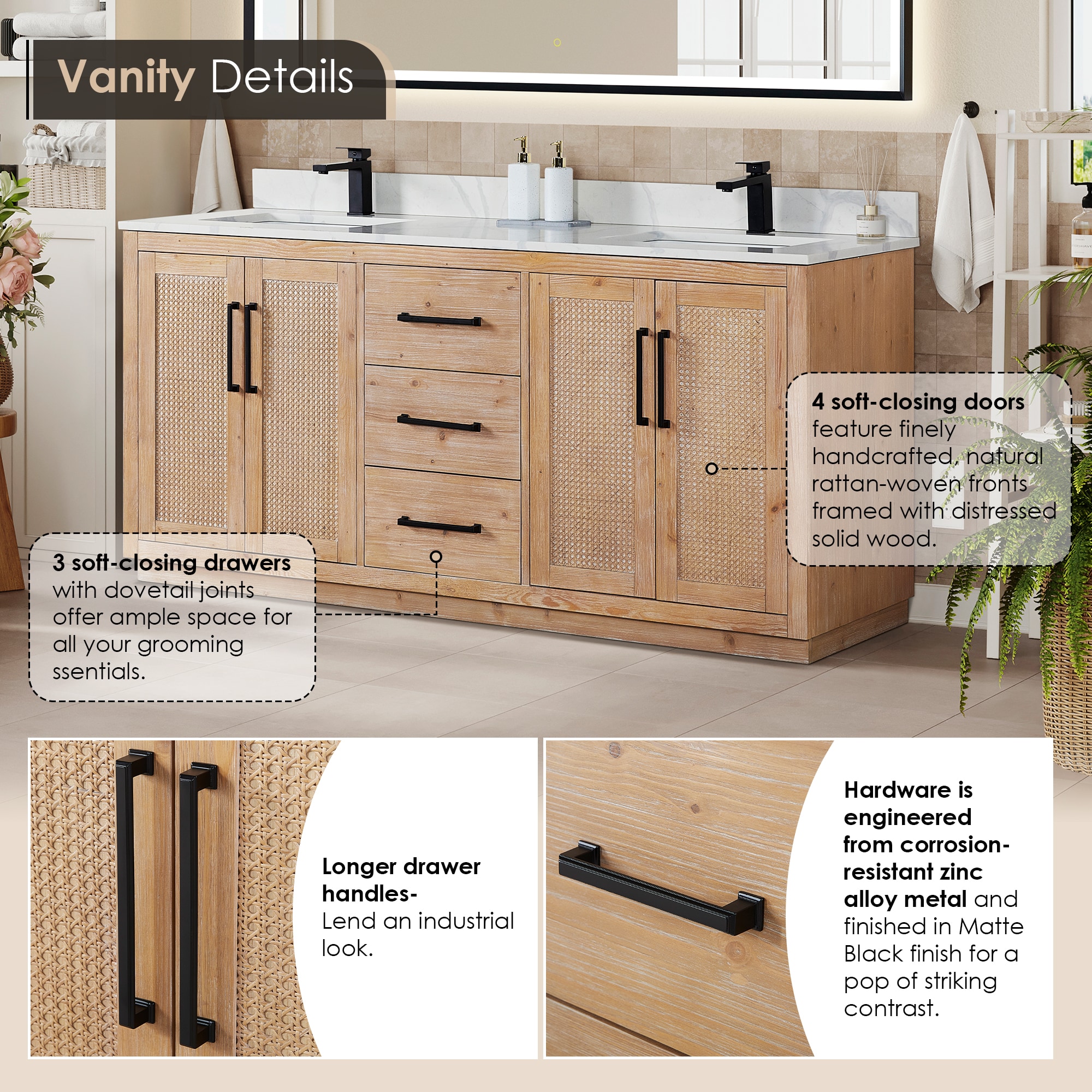 Light Brown Double Sink Freestanding Vanity with Rattan Doors and Quartz Top