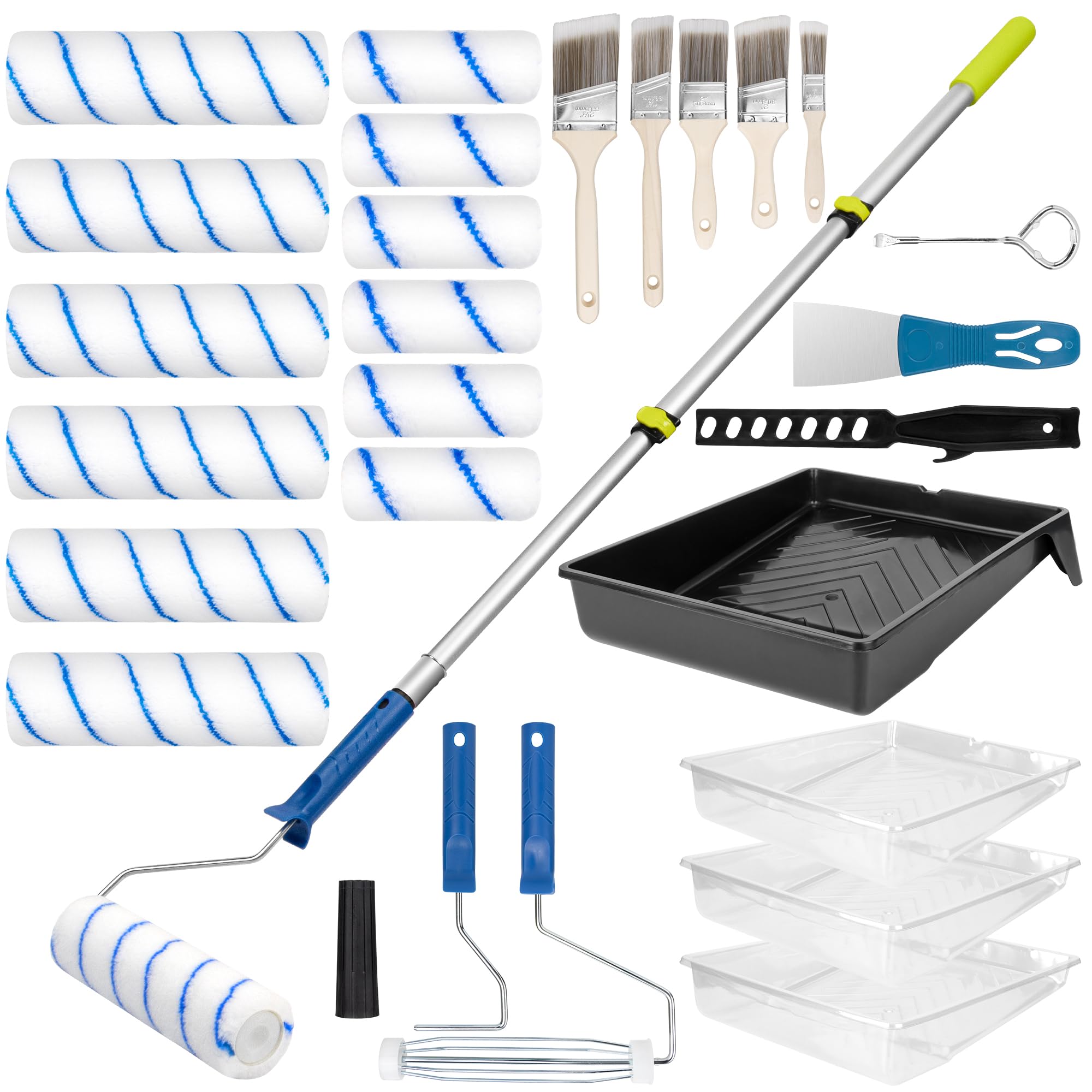 JVFCXXV  Paint Roller Kit with Extension Pole 28 Piece Set 4 9 Paint Roller with Tray Paint Brushes Set for Professional Painting House Wall