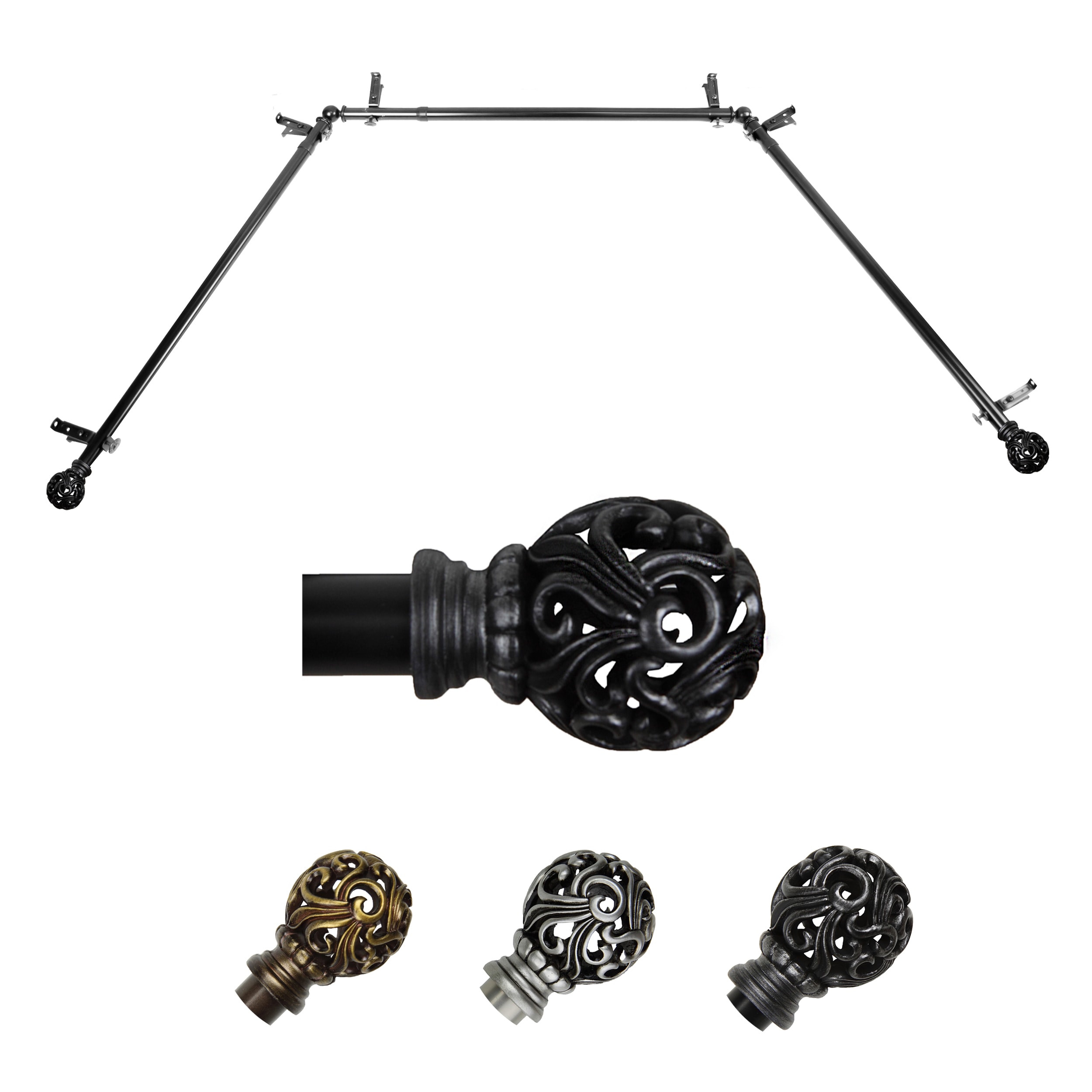 Hart & Harlow L-ABAY-16-2 Bisset 13/16-in Bay Black Steel Bay window curtain rod with Finials