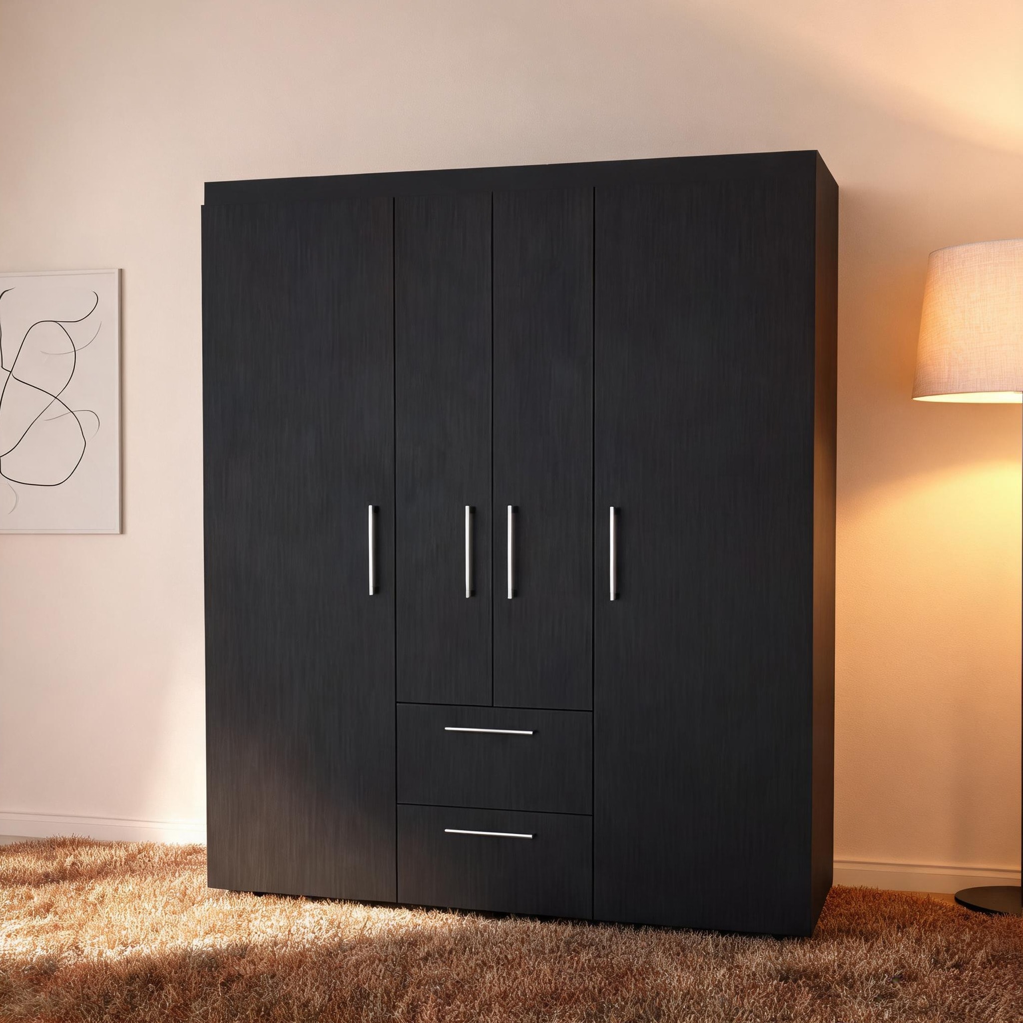 Watnature Jet black particle board wardrobe armoire for bedroom
