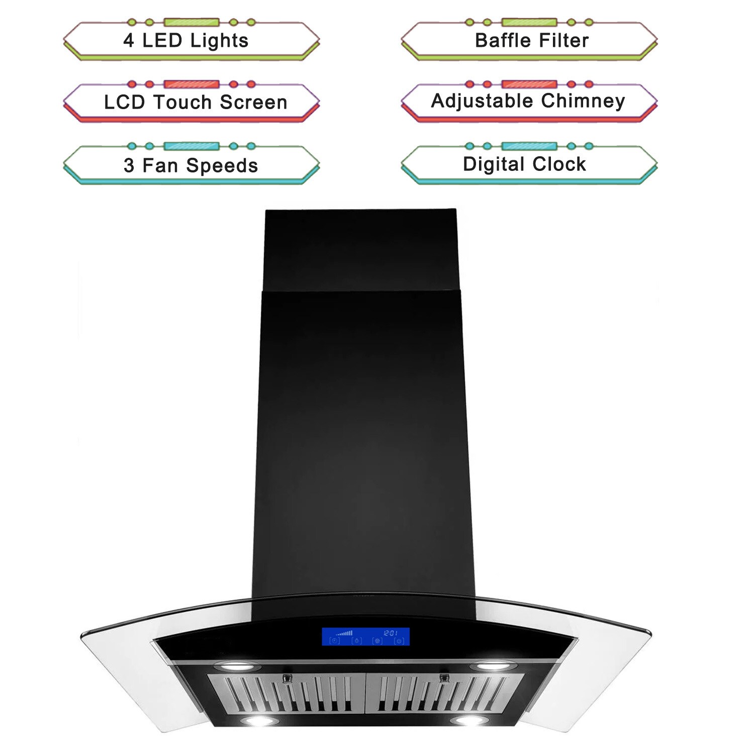 Tieasy Island Range Hood 36 inch Kitchen 3 Speed Extractor Fan Aluminum  Filter Tempered Glass