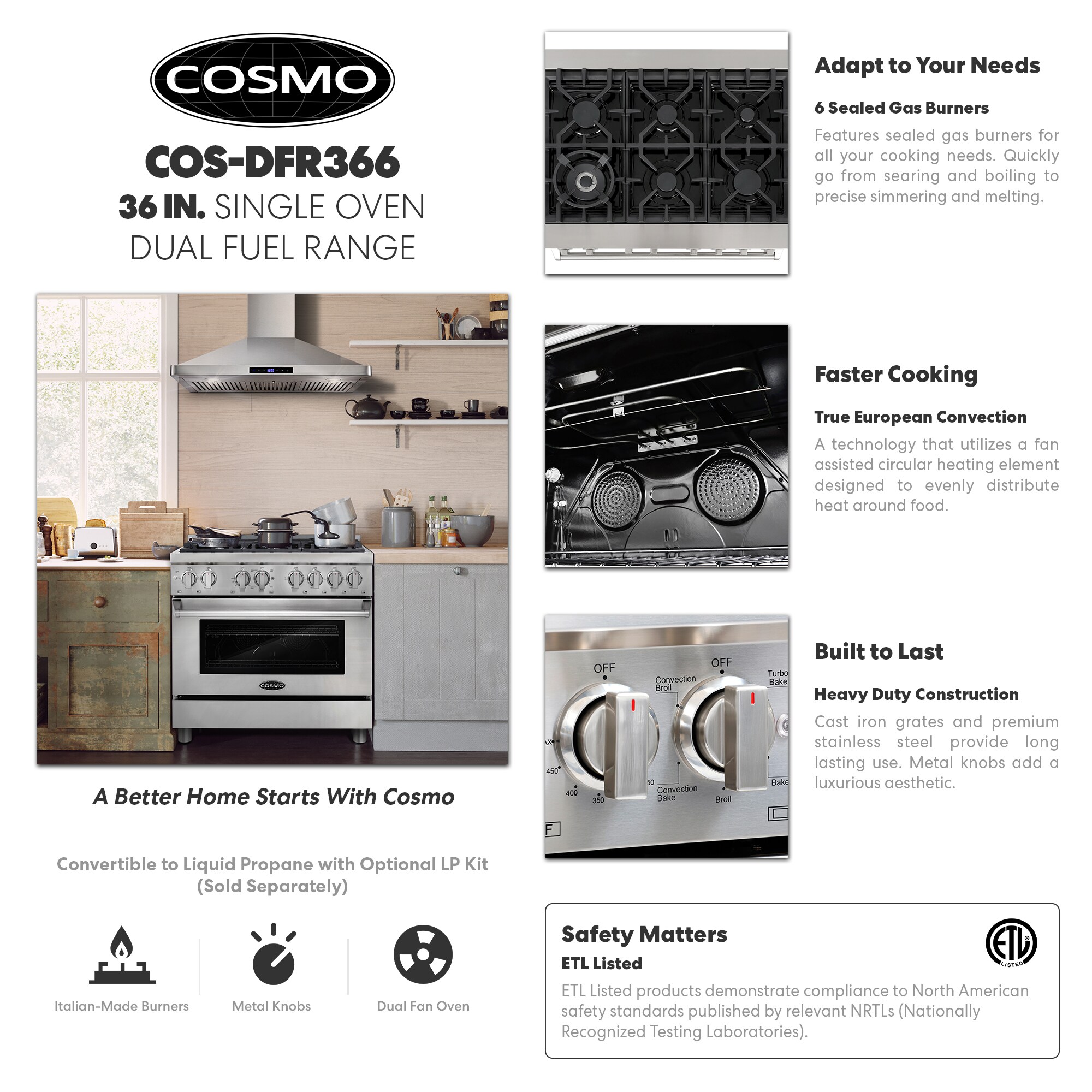 Cosmo 36-in Standard 6 Burners Freestanding Dual Fuel Range (Stainless ...