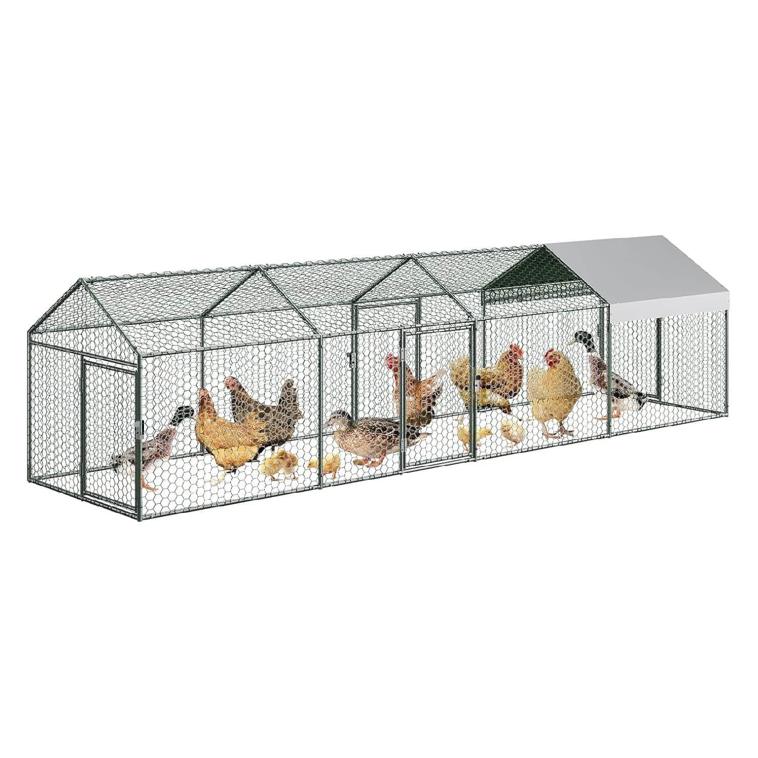 Qeetex GGL-PPG-33EVRBGU Metal Chicken Coop-160x40x40 inches Large Chicken Run with 4 Doors-Chicken Run for Yard with Waterproof and AntiUV Cover-Walk in Poultry Cage for Rabbit Duck Goose-Silver