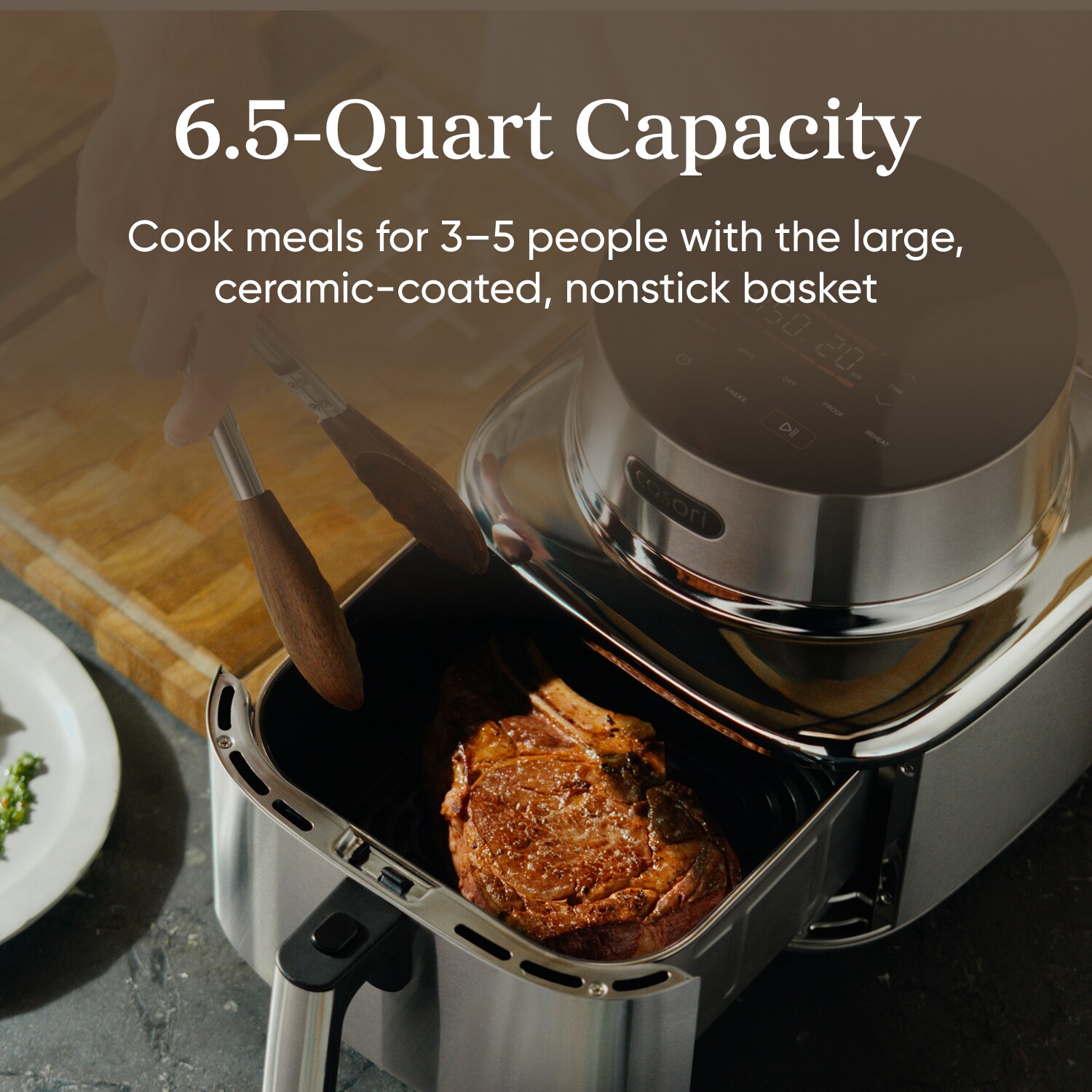 Cosori ICONIC Stainless Steel 6.5-Quart Smart Air Fryer in the Air