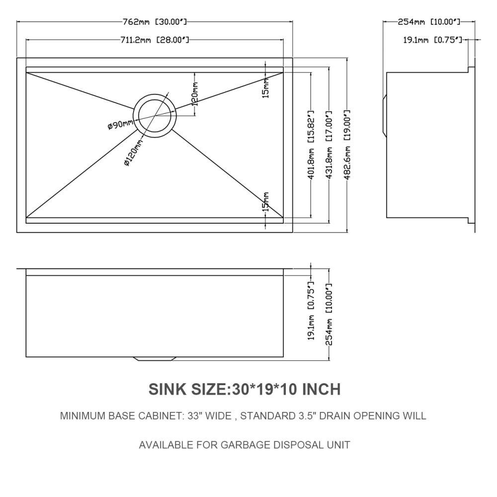 Lordear Stainless Steel Undermount Kitchen Sink Undermount 30-in x 19 ...