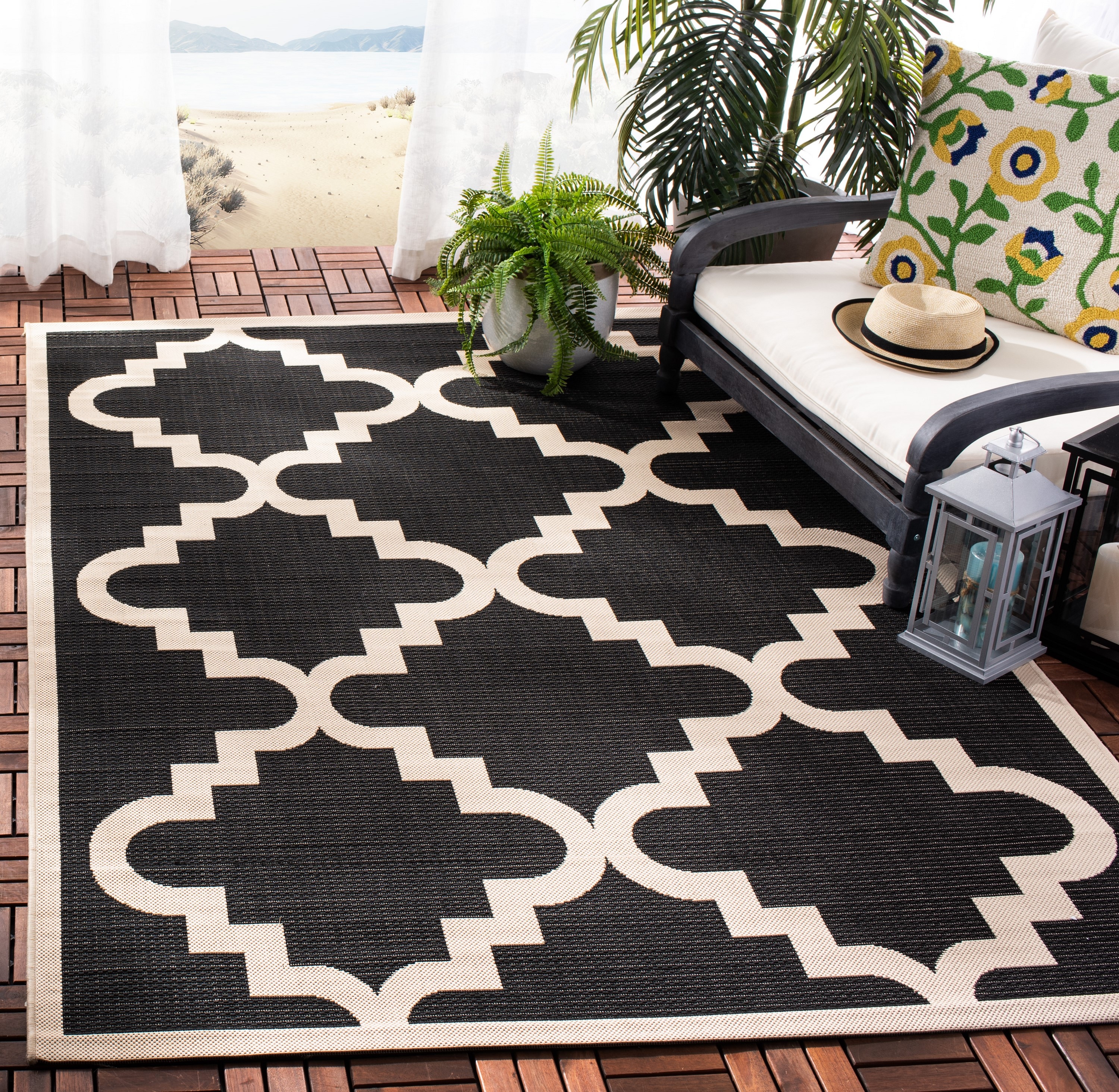 Safavieh CY6017-266-4 Courtyard Alita 4 x 6 (ft) Loomed Polypropylene Black/Beige Rectangular Indoor/Outdoor Trellis Coastal Area rug