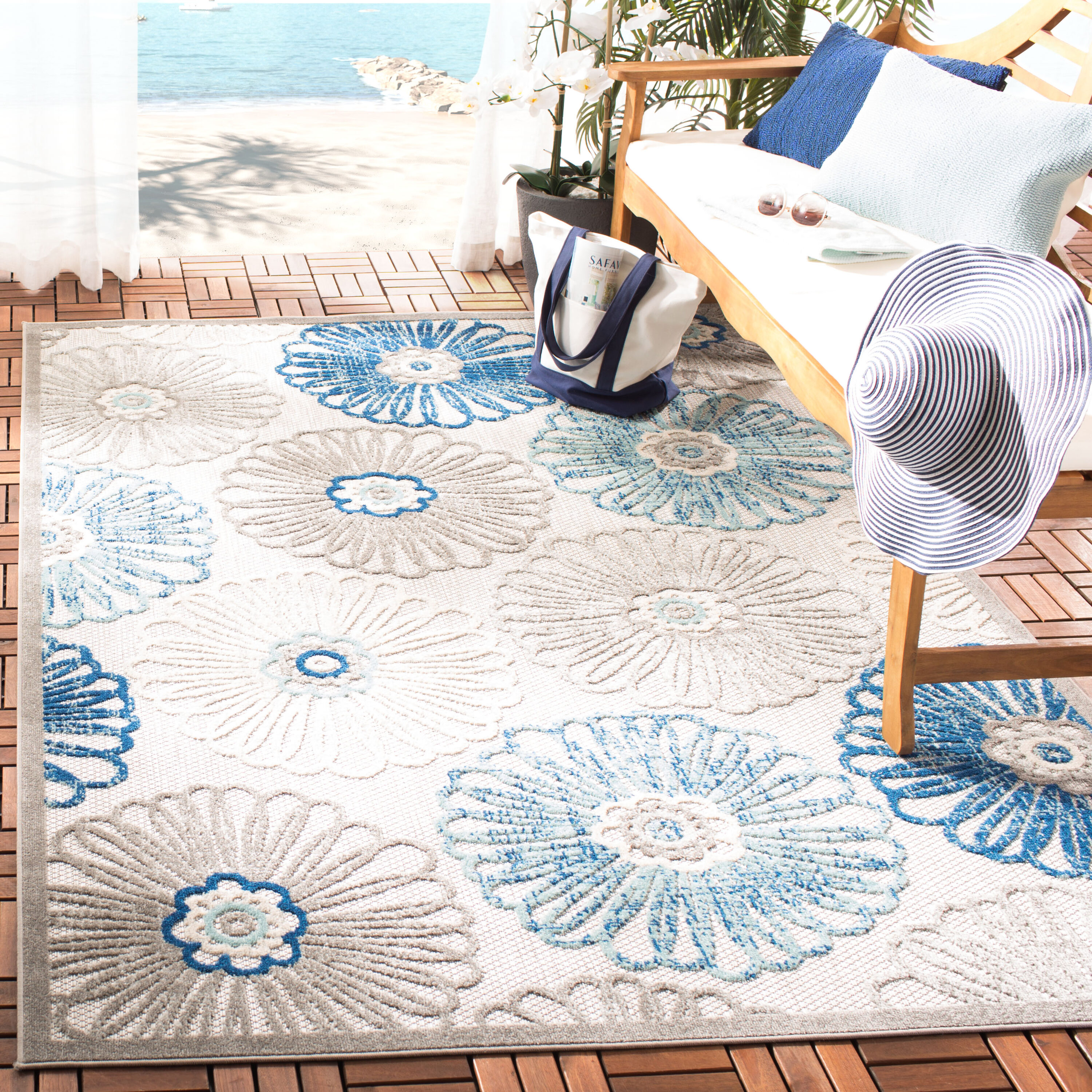 Safavieh CBN801F-5 Cabana 5 x 8 (ft) Synthetic Gray/Blue Rectangular Indoor/Outdoor Floral Tropical Area rug