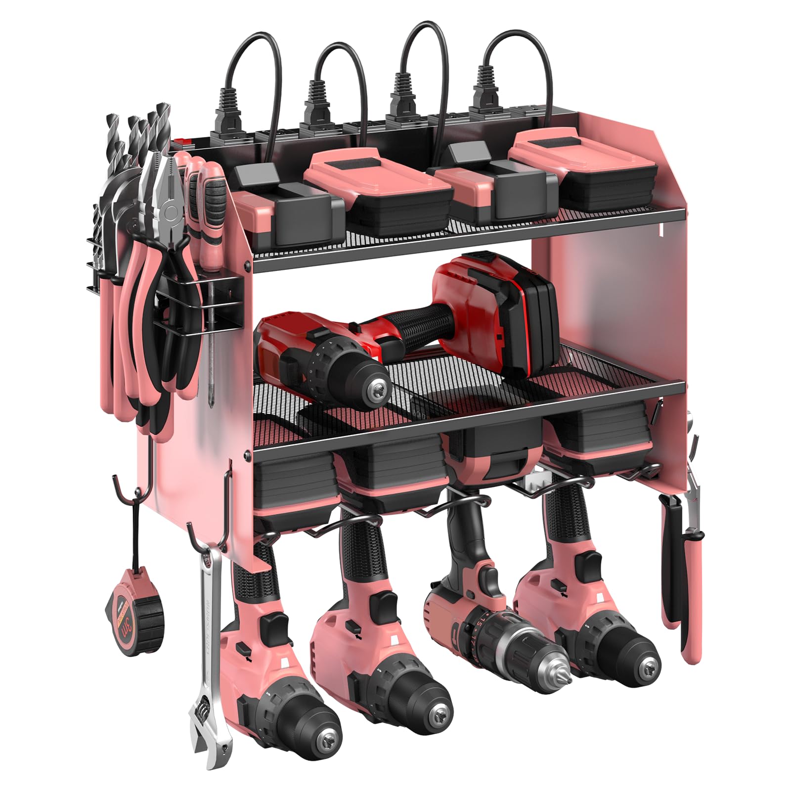 LAIFUCAM  Modular Power Tool Organizer Wall Mount with Charging Station Heavy Duty Garage Drill Storage Shelf with Hooks 8 Outlet Pink 1 pack