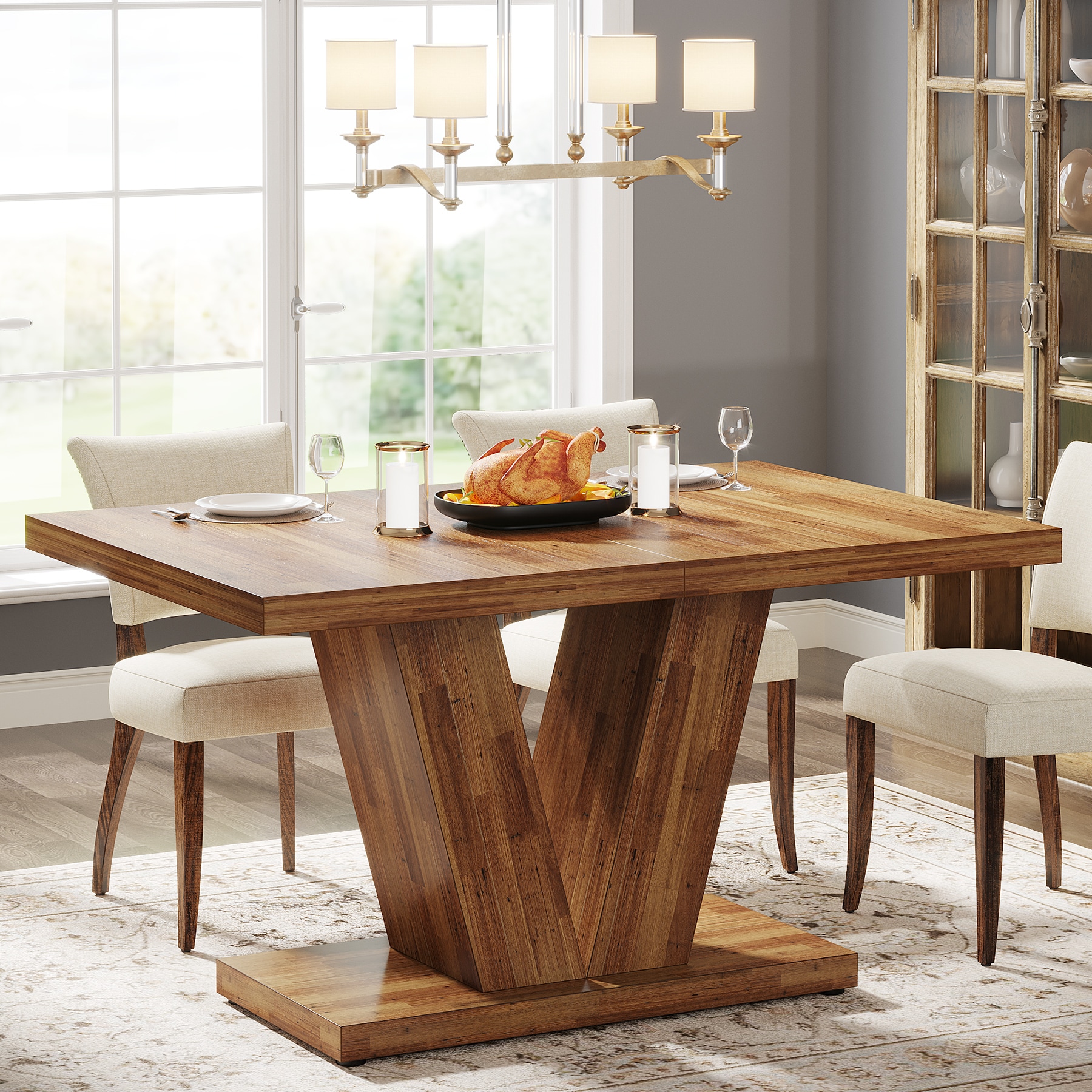 Fnova LWTJ-JW0879 Rustic Brown and Black Farmhouse Dining Table, MDF with Wood finish Wood Pedestal Base 47.24-in L x 29.53-in H