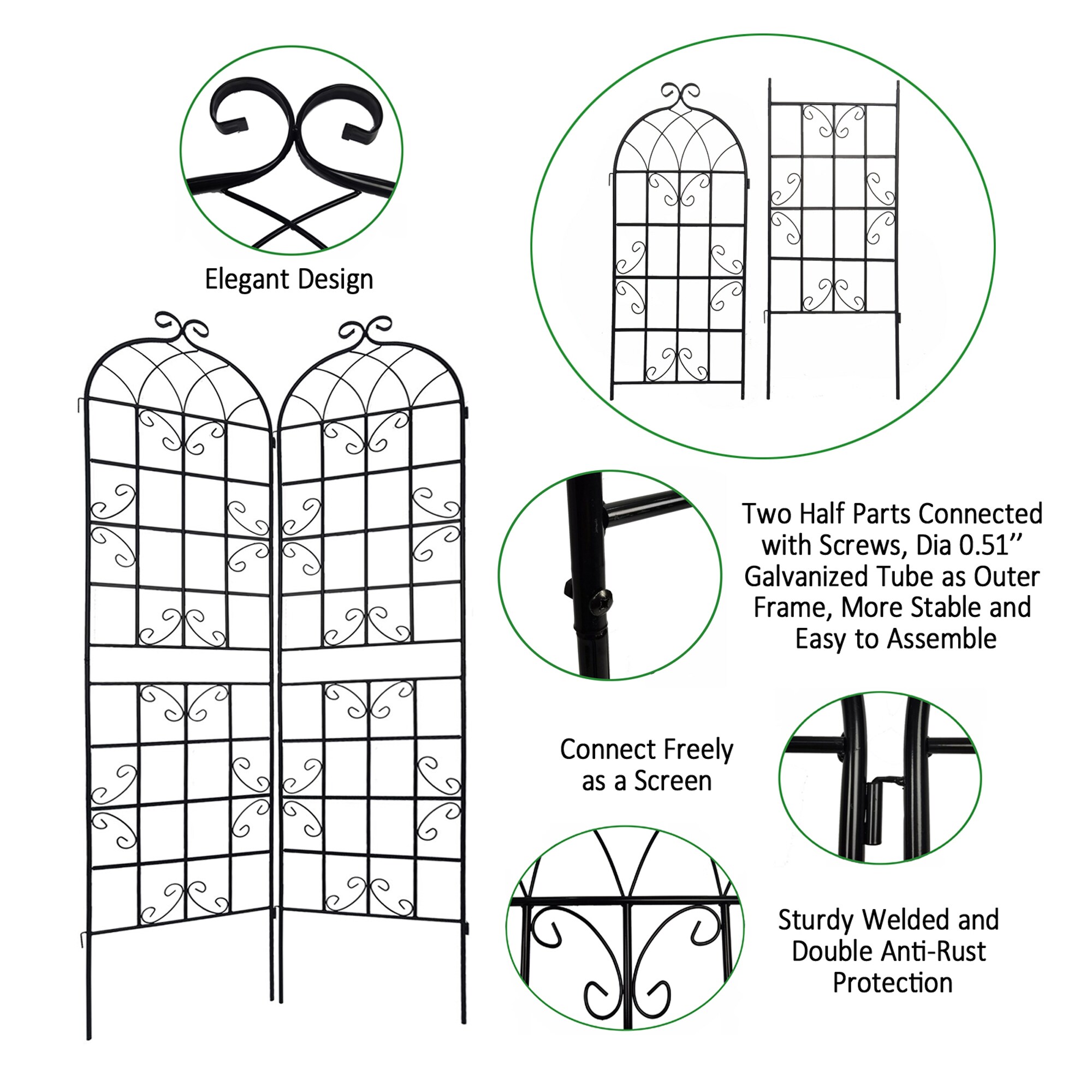 Kahomvis Metal Garden Trellis 80-in W x 86.7-in H Black Iron Garden ...