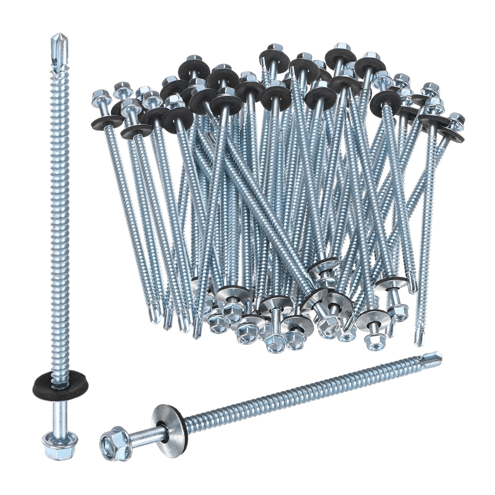 Unique Bargains 50pcs Self Drilling Screws with Rubber Washer #12 x 5inch Zinc Plated Carbon Steel Hex Head Self-Tapping Screws for Metal Roofing/Siding Panels/Steel Structures [ 125mm Length]