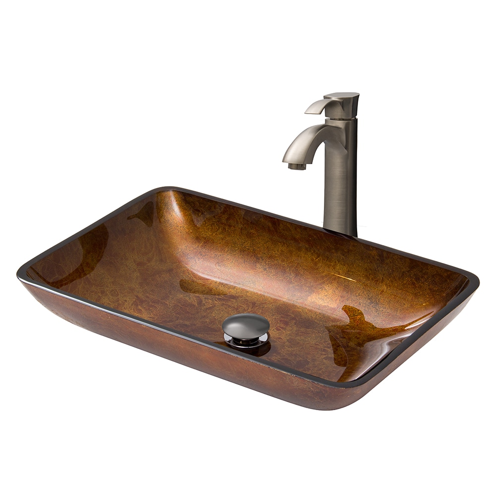 VIGO VGT315 Glass Sink and Vessel Faucet-Set Russet Tempered Glass Vessel Rectangular Bathroom Sink with Faucet Drain Included (22.5-in x 14.5-in)