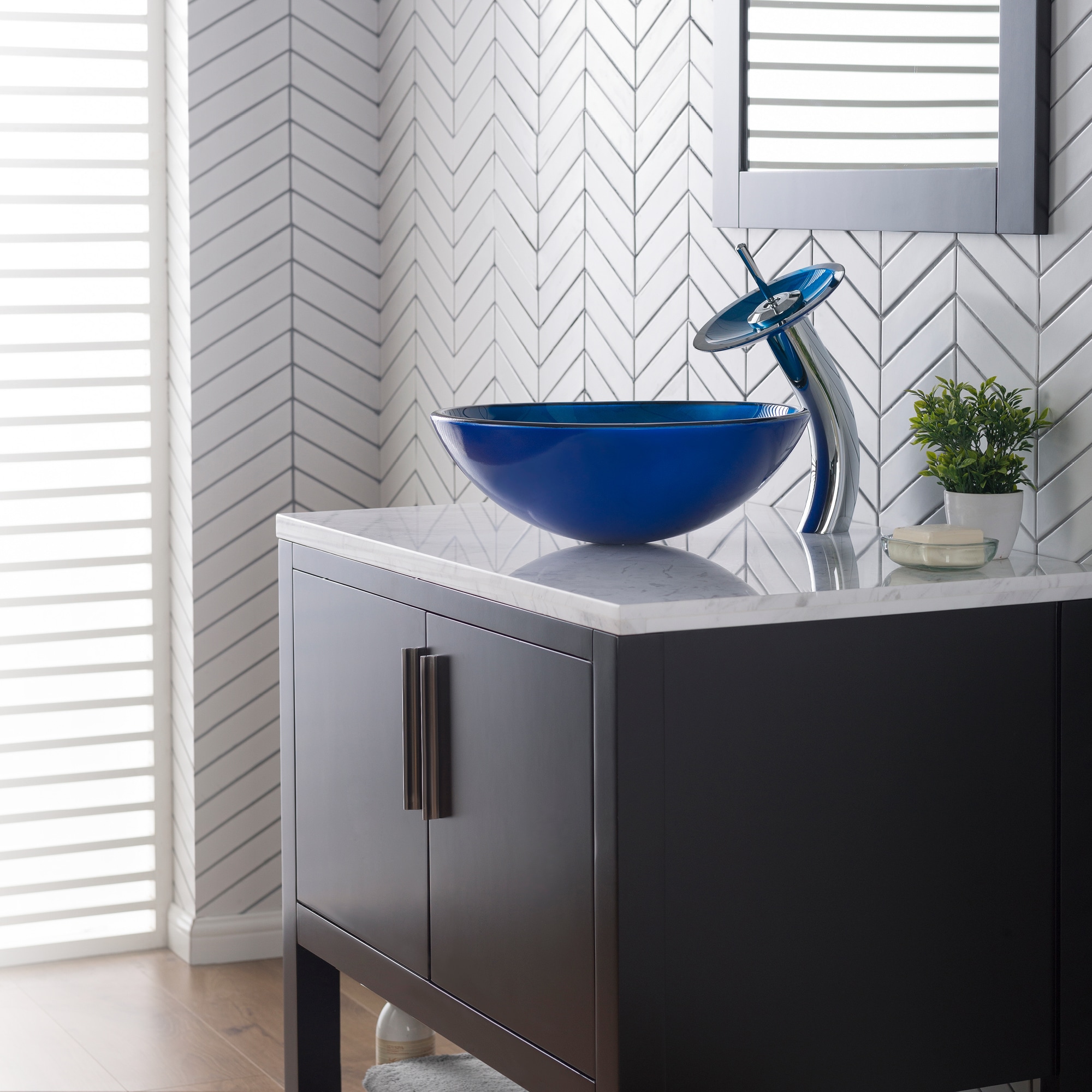 Blue Glass Circular Vessel Sink with Chrome Faucet