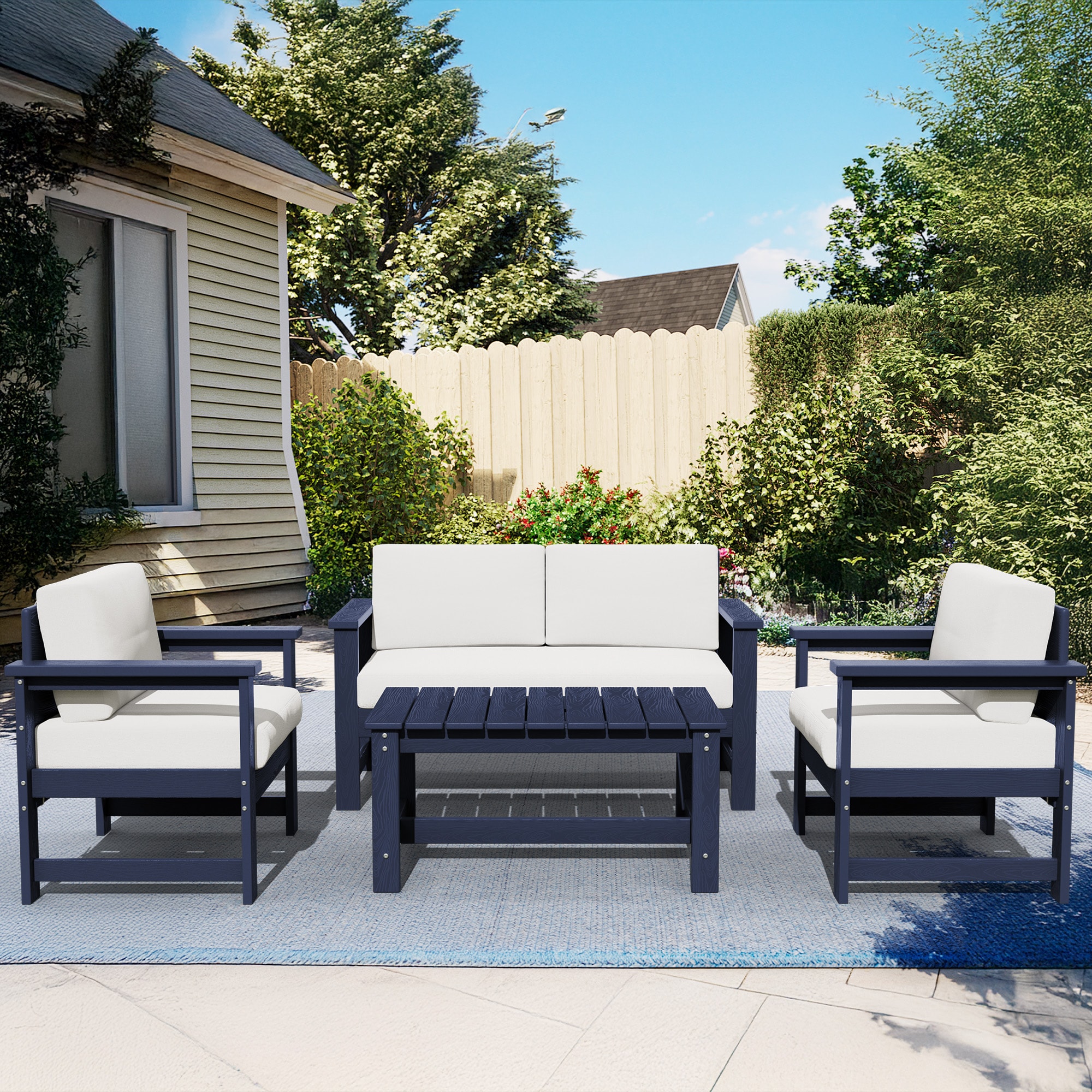 VOUA JJSF04-NK HDPE Outdoor Sofa Set for 4 with Coffee Table 4 -Piece Patio Conversation Set with Beige Cushions