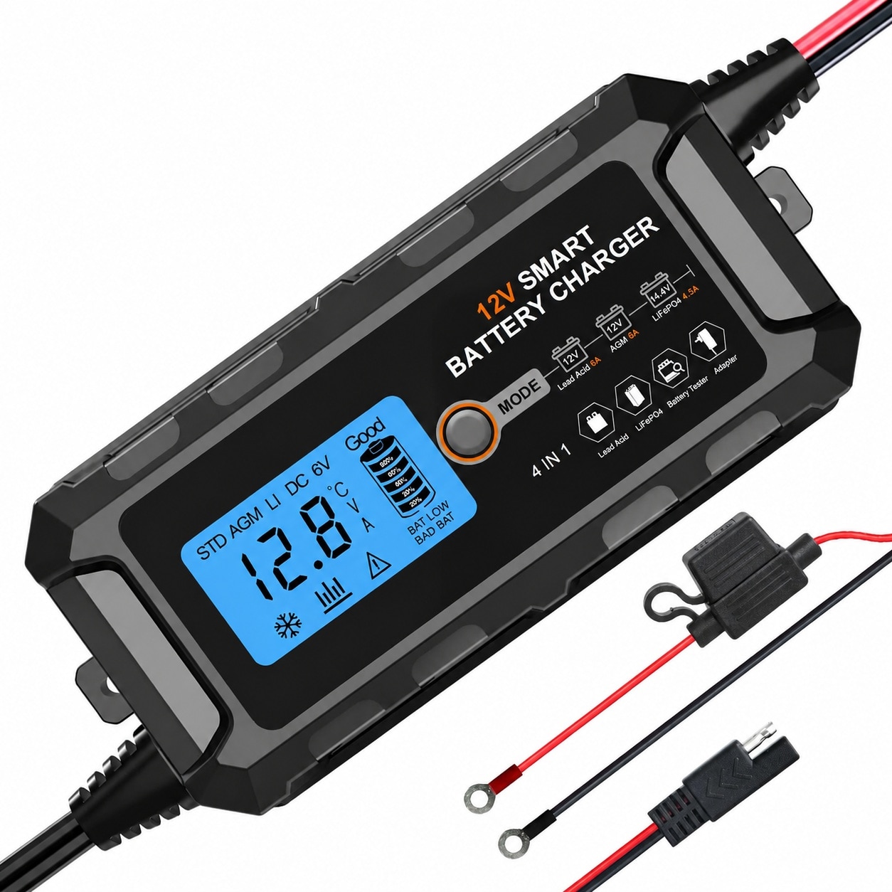 Aoibox  12V 5A Automatic Smart Charger Maintainer with LCD Display for Lead Acid and LiFePO4 for Cars Motorcycles Boats ATVs Lawn Mowers