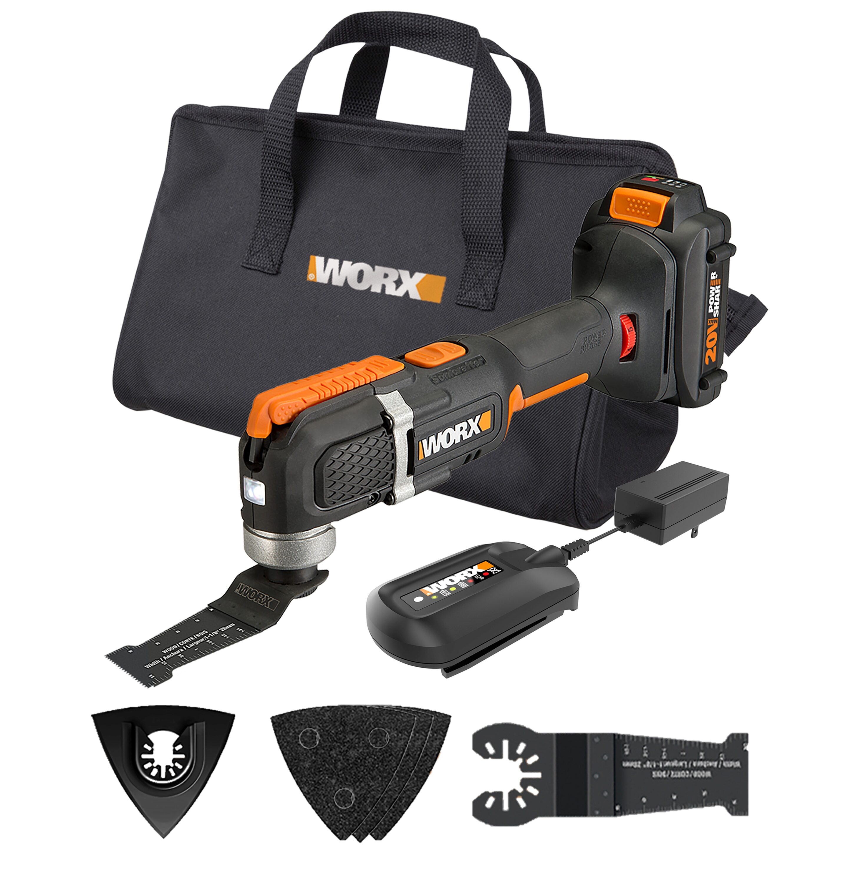 Worx Power Share 25 Piece Amp 20 Volt Max Variable Speed Oscillating Multi Tool Kit With Soft