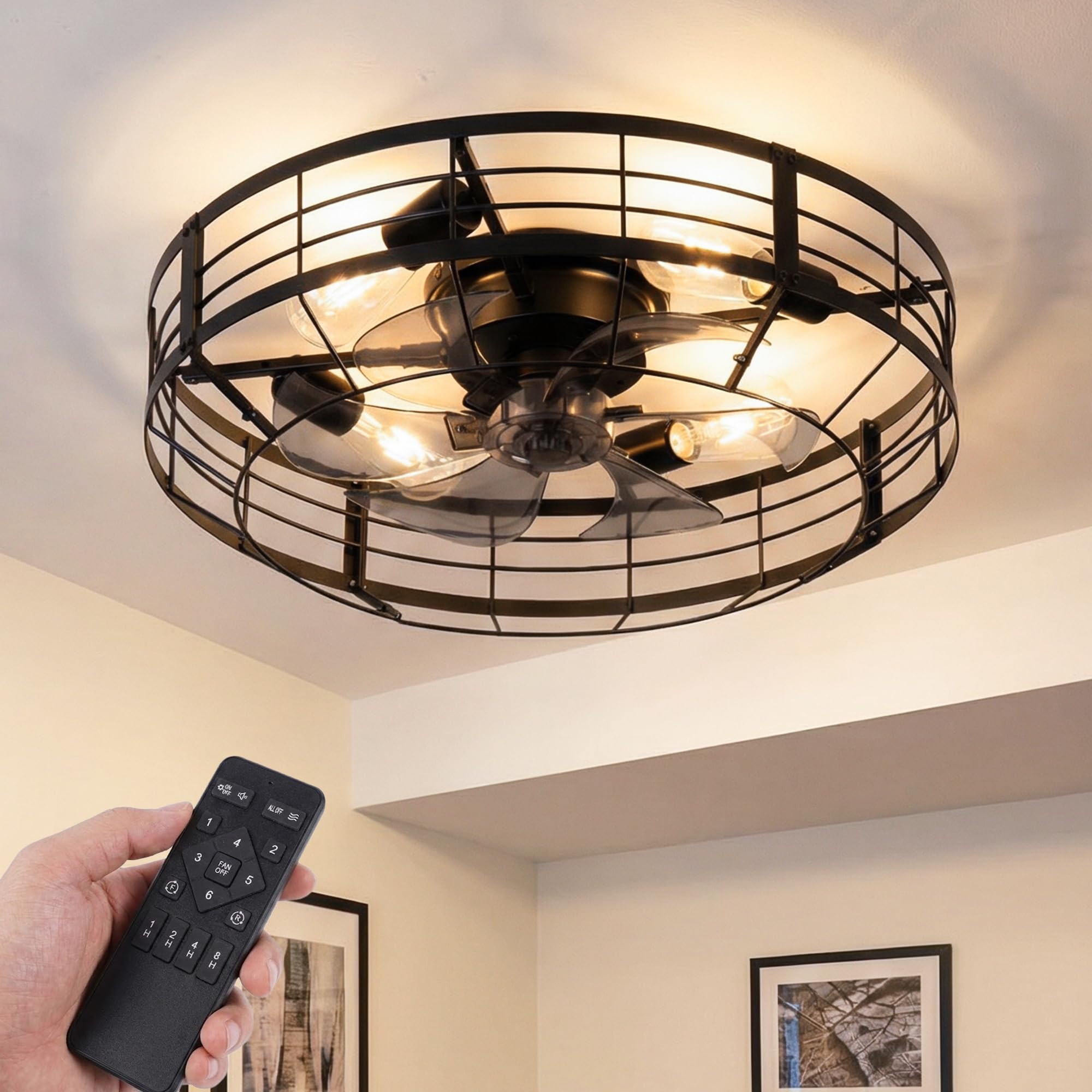 AOIZGMY  23 Inch Farmhouse Caged Ceiling Fan with Light Remote Control Flush Mount 6 Speed Reversible Motor Quiet Indoor Fixture for Kitchen