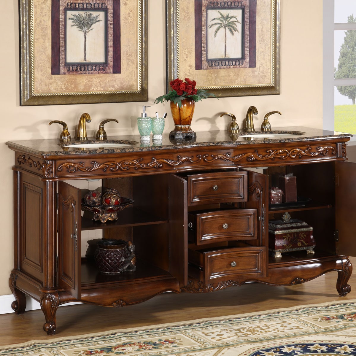 Silkroad Exclusive 72-in English Chestnut Undermount Double Sink Bathroom  Vanity with Baltic Brown Granite Top