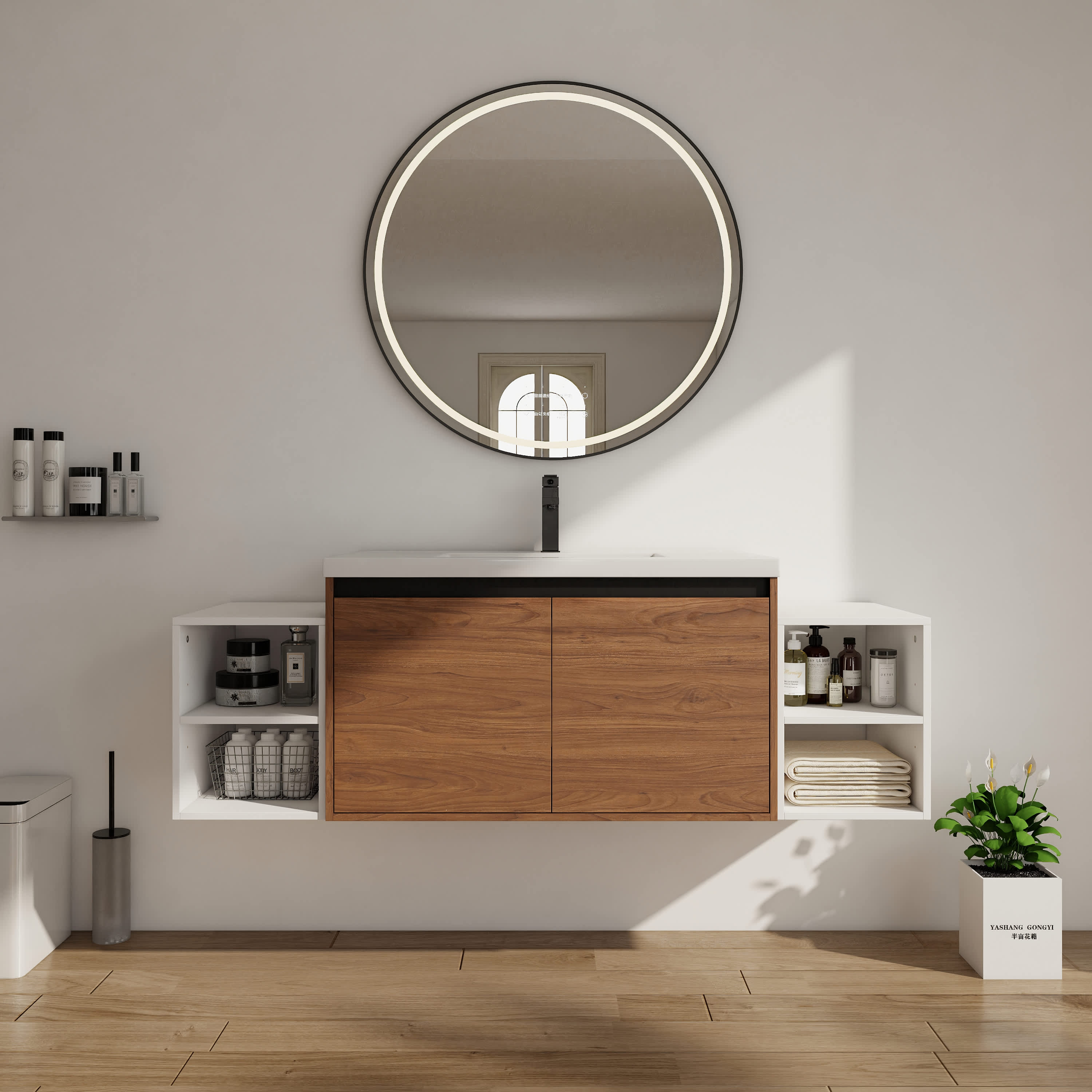 Roomfitters  60 Inch Wall Mounted Bathroom Vanity with Resin Sink and Open Shelves Brown EbonyGlossy White