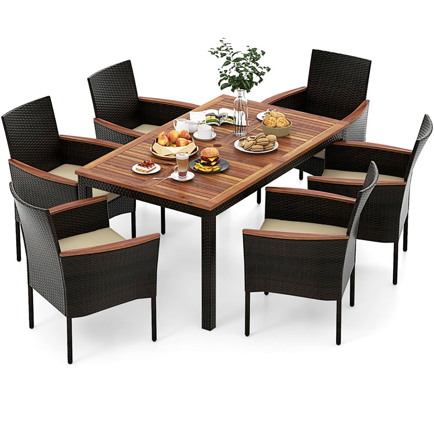 GZMR GZ-TM08AAA Outdoor Patio 7-Piece Dining Table Set 7 -Piece Black Rattan Patio Dining Set Wood Rectangle Table with 6 Off-white Cushions Stackable Stationary Chairs