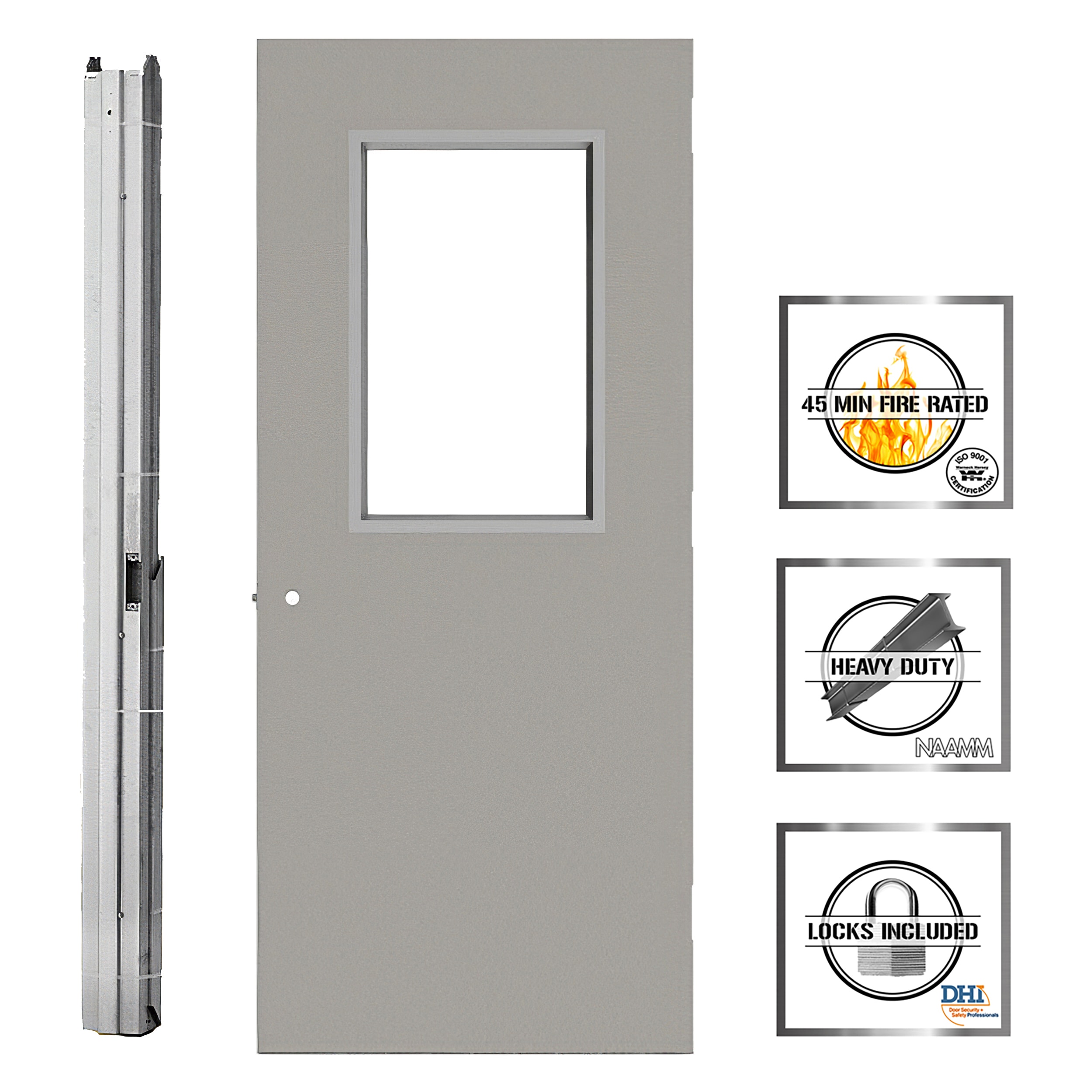 L.I.F Industries LIF Knock-Down Fire Rated Inswing/Outswing Flush Vision Half Glass Steel Universal Reversible Front Door