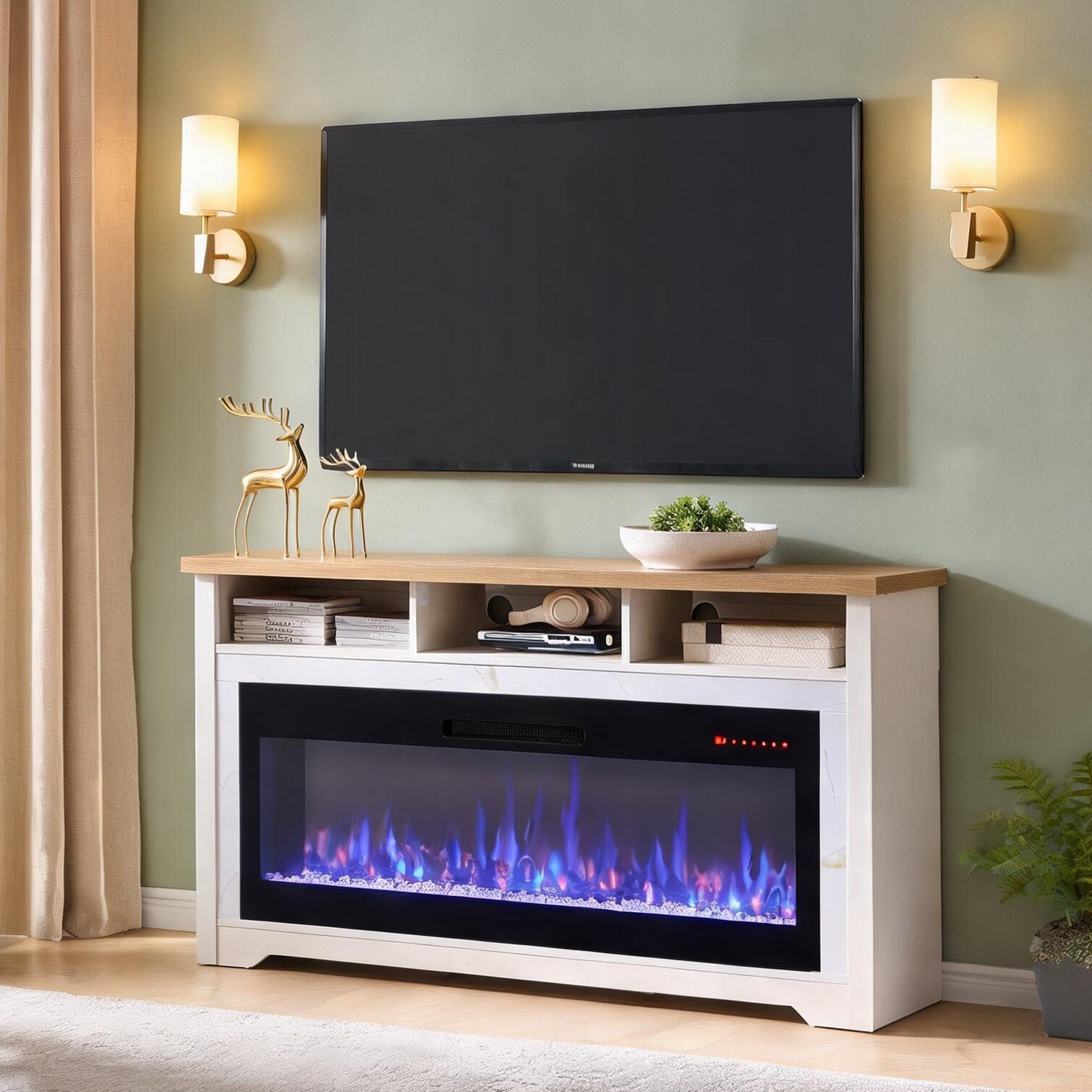SunJet 70-Inch TV Stand with 60-Inch Electric Fireplace Soft White Tempered Glass Stainless Steel Modern Media Console