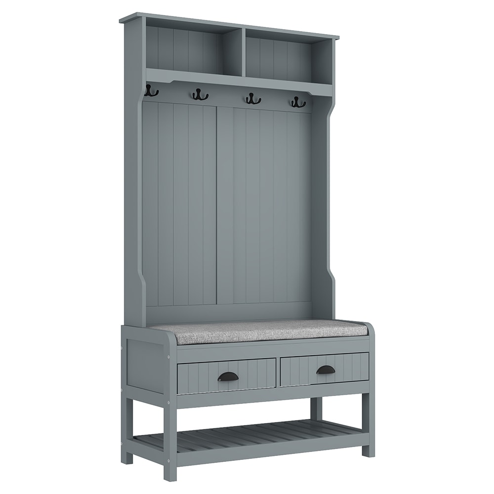  V-KF020217-03 Entryway Hall Tree with Coat Rack and Shoe Bench 4-in-1 Hall Tree with 2 Drawers 4 Hanging Hooks and Shoe Storage Shelves