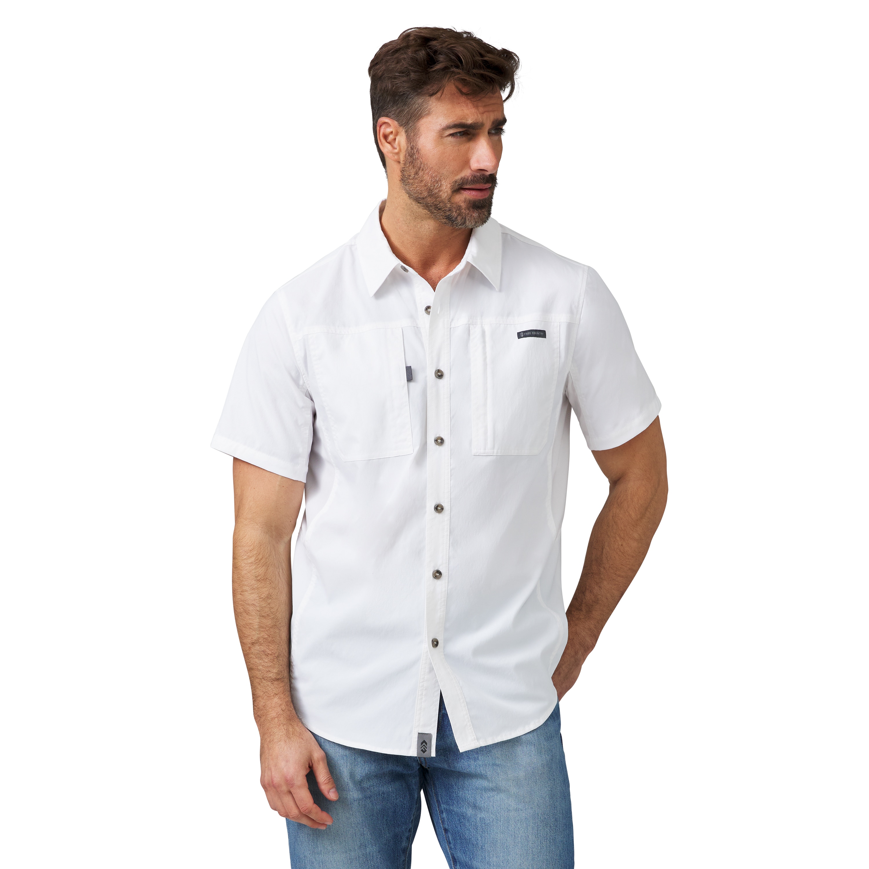 Free Country Men's White Woven Short sleeve Solid Button-down shirt ( Small ) #482MAS5206-WHITE-S