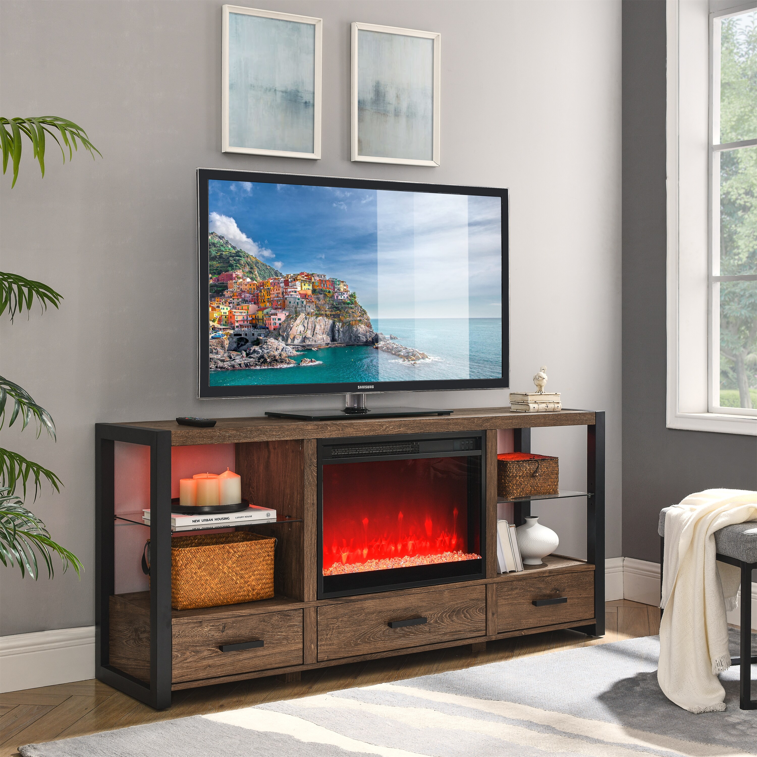 Mondawe MA-CE60614 60-Inches W Reclaimed Barnwood TV Stand with Infrared quartz Flat wall Electric Fireplace with Remote Control Included