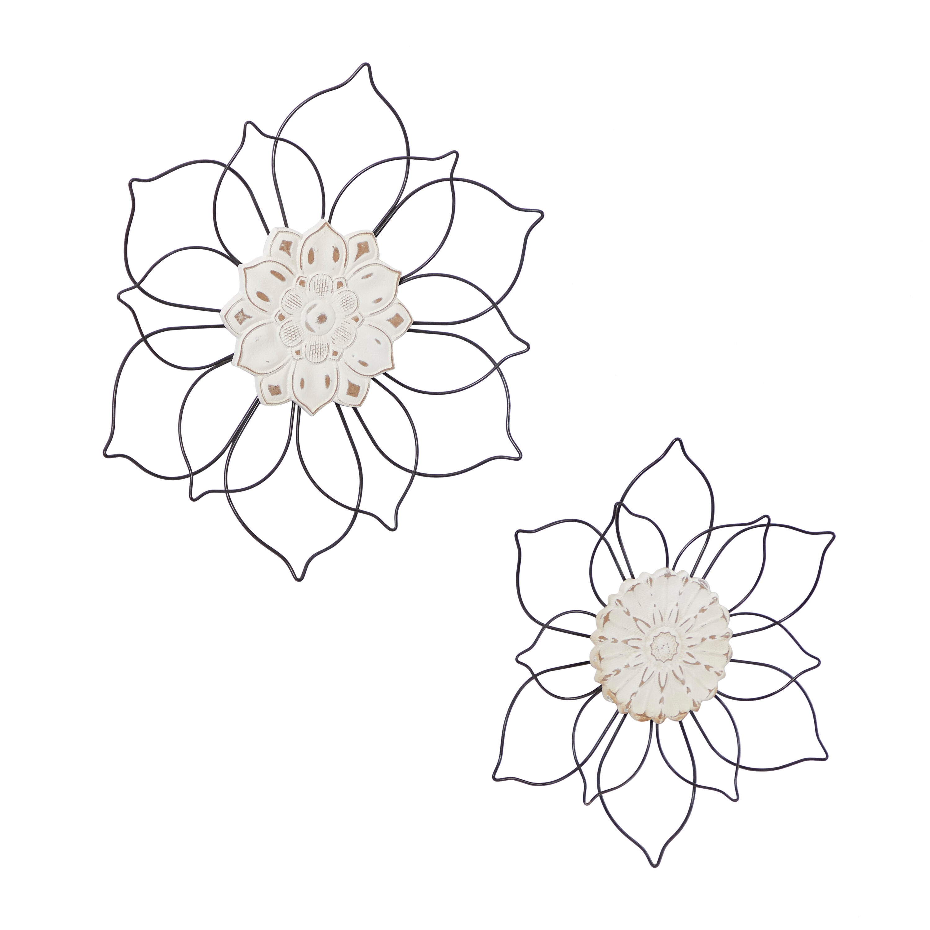 Elegant Black Metal and Wood Floral Wall Decor Set of 2