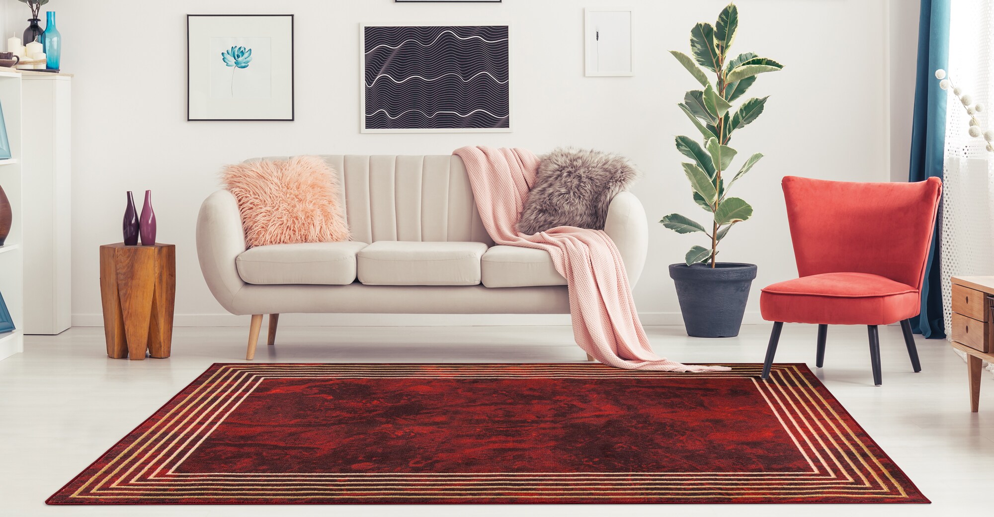 Ottomanson ATS9430-5X7 Athens 5 X 7 (ft) Red Indoor Border Mid-century Modern Area Rug