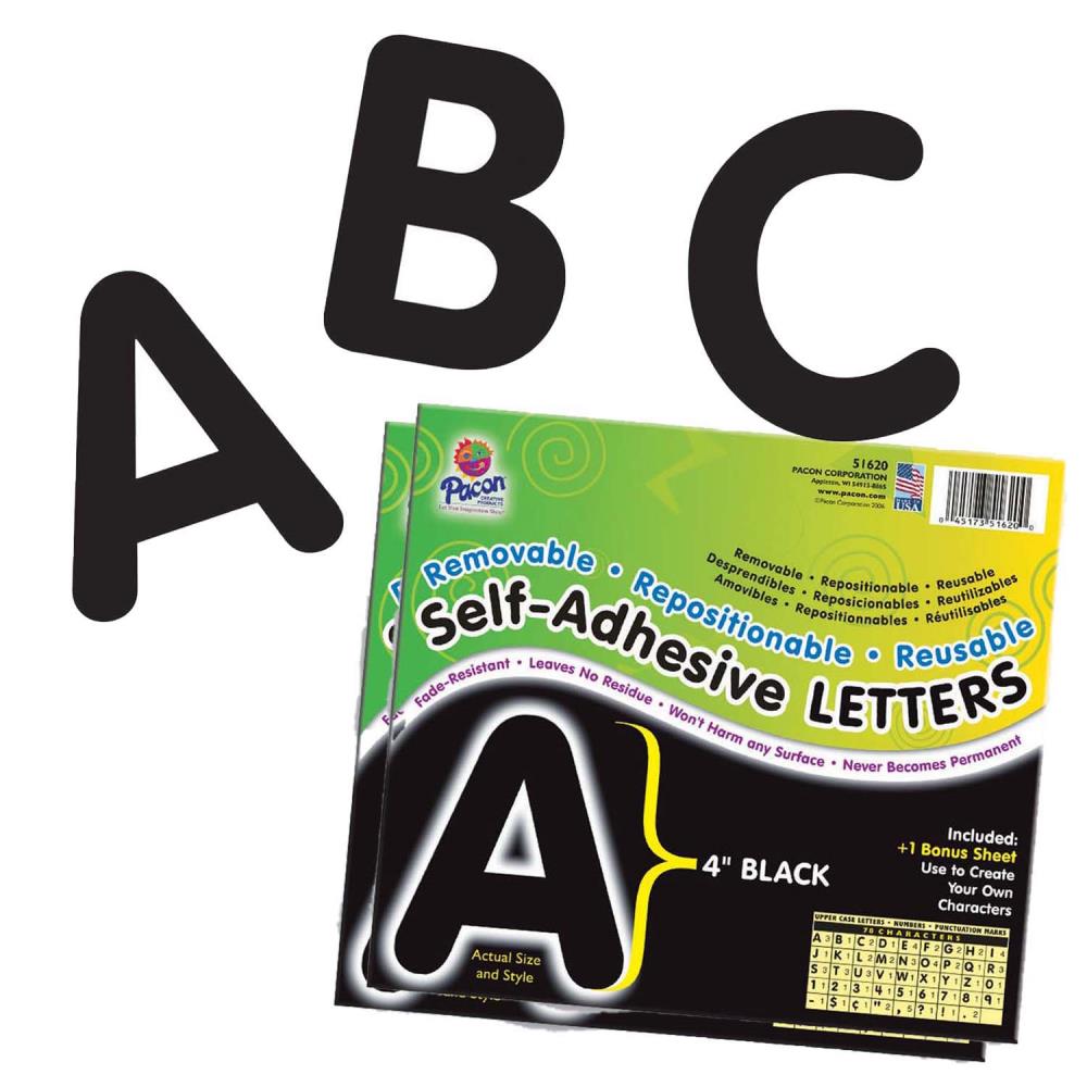 Cheery Font Black 2PK Pacon 4-inch Reusable Self-Adhesive Letters & Numbers 