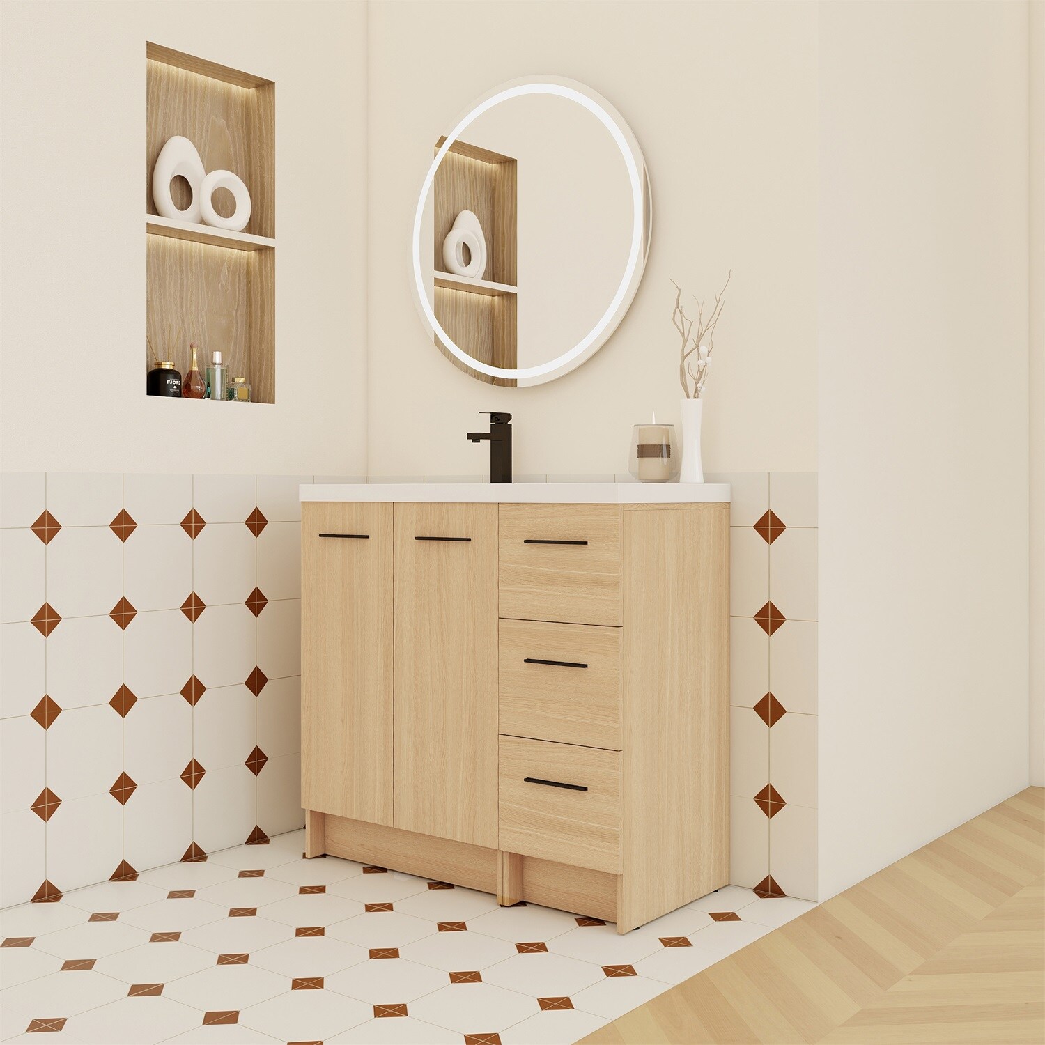 Dimakai - 36 in Freestanding Modular Bathroom Vanity with Resin Sink Light Oak Door and Drawer St...