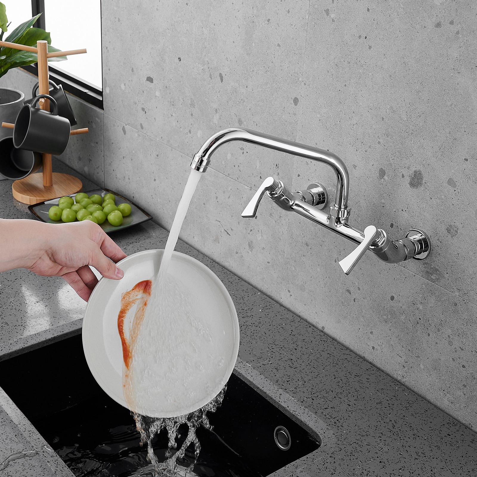 Chrome Double Handle Wall-Mount Kitchen Faucet with Swivel Spout