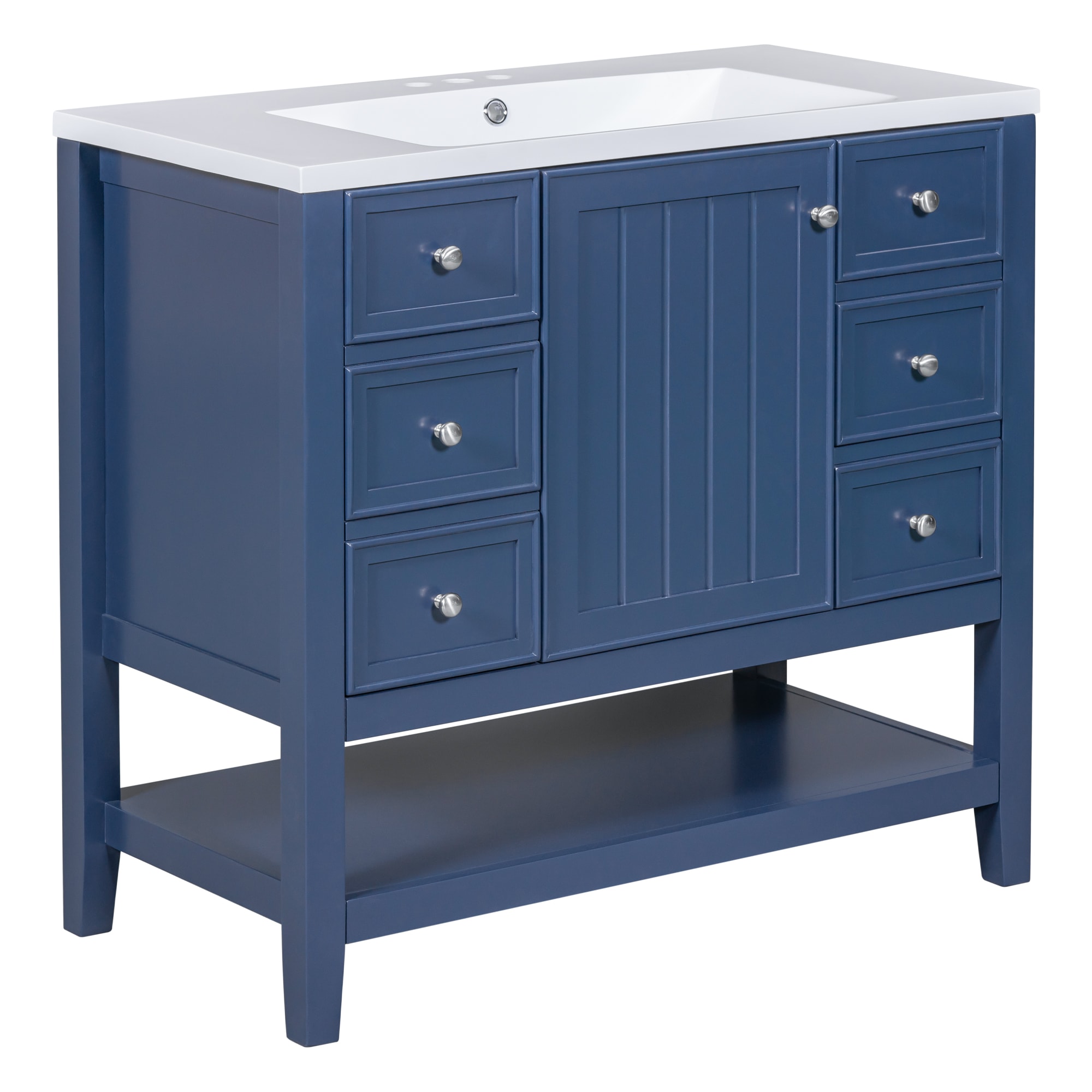 BEARSOLIM 36-in Bathroom Vanity with Ceramic Sink 3 Drawers Open Shelf Solid Wood and MDF Board Bathroom Storage Cabinet