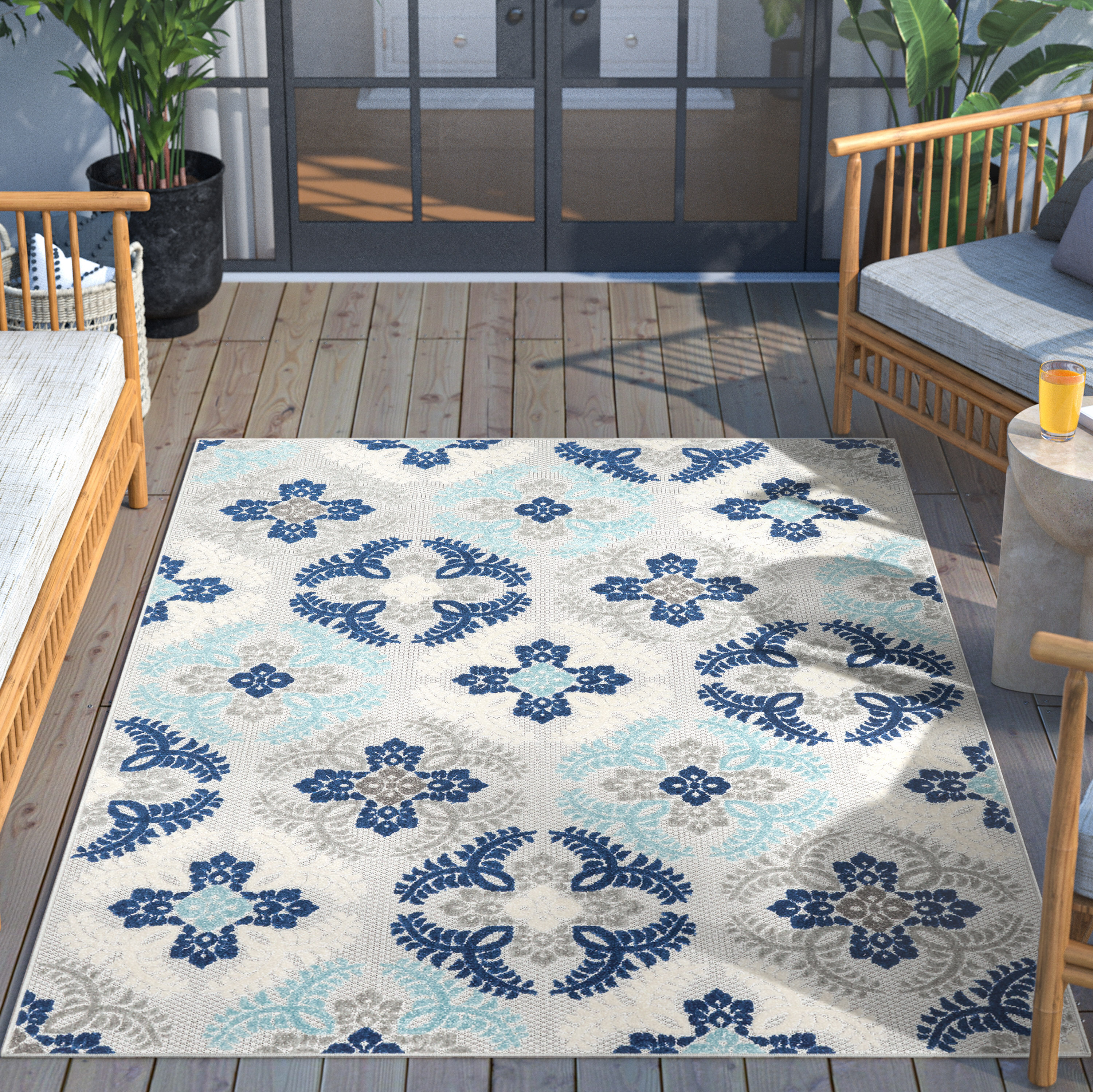 5 Rug Modern the in Well Rugs 7 Area at department Woven Frieze Indoor/Outdoor x Blue Geometric Mid-century