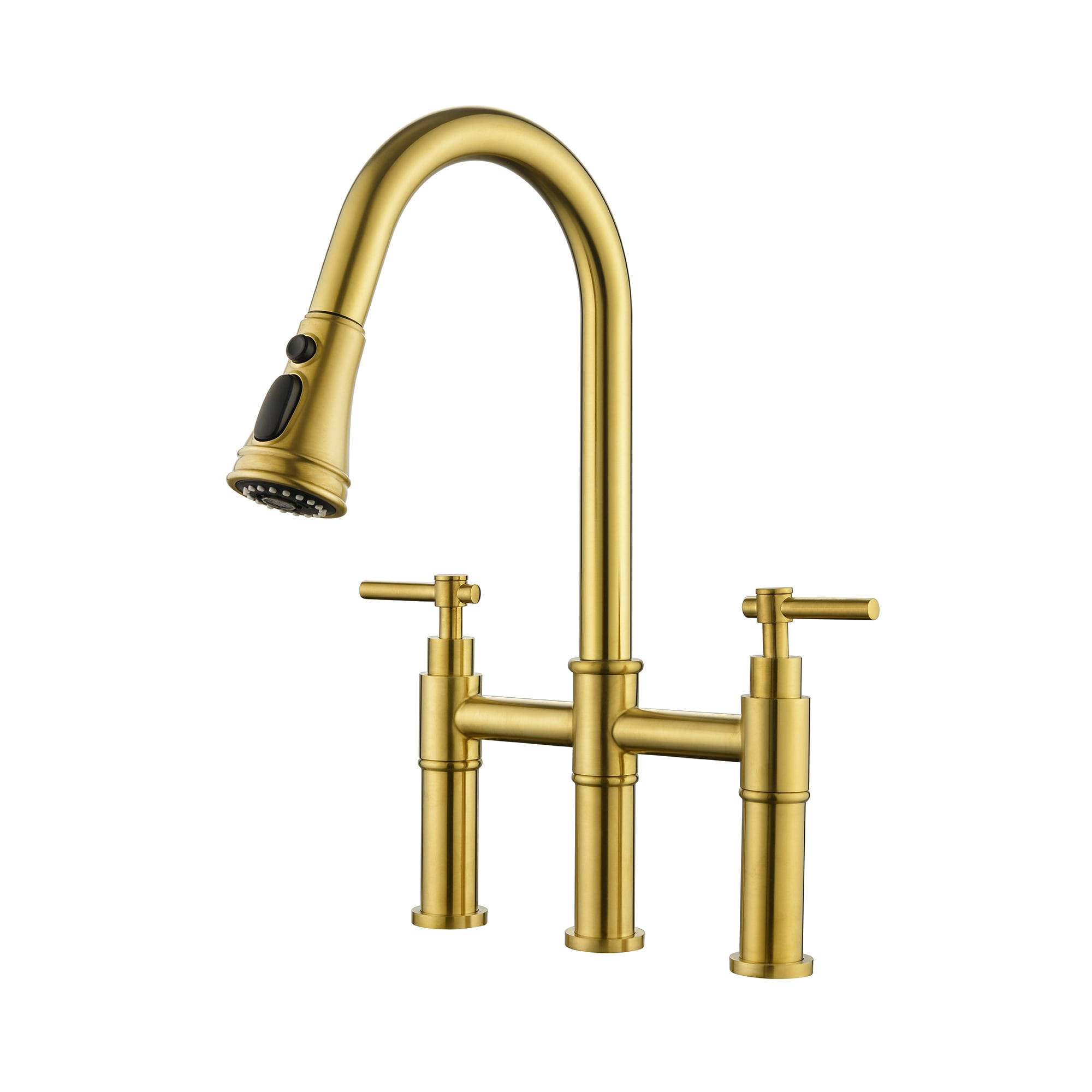 WELLFOR WASP002BG Brushed Gold Double Handle Deck-mount Handle Residential Pull-down Kitchen Faucet with Sprayer