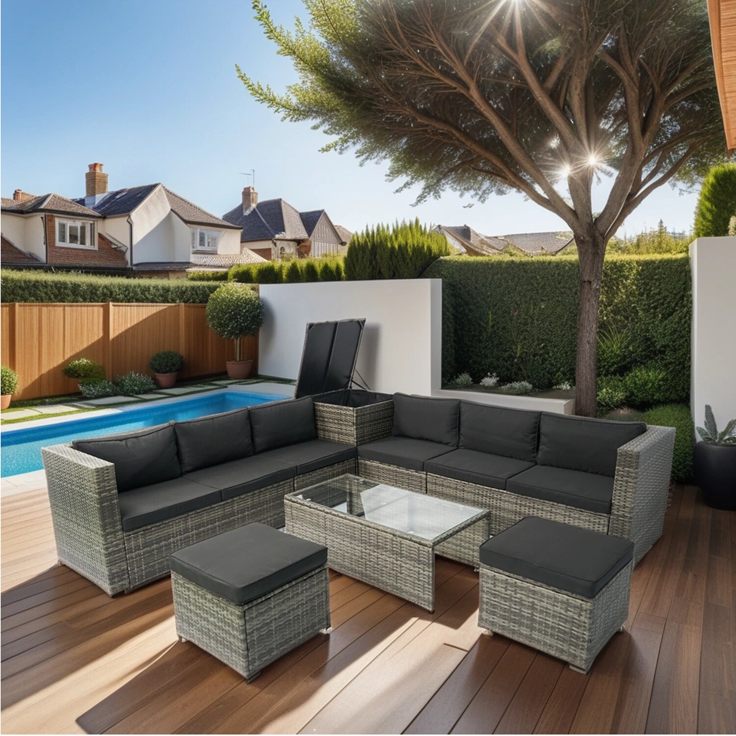 Bybafun Rattan Outdoor Sectional with Black Cushions and Rattan Frame ...