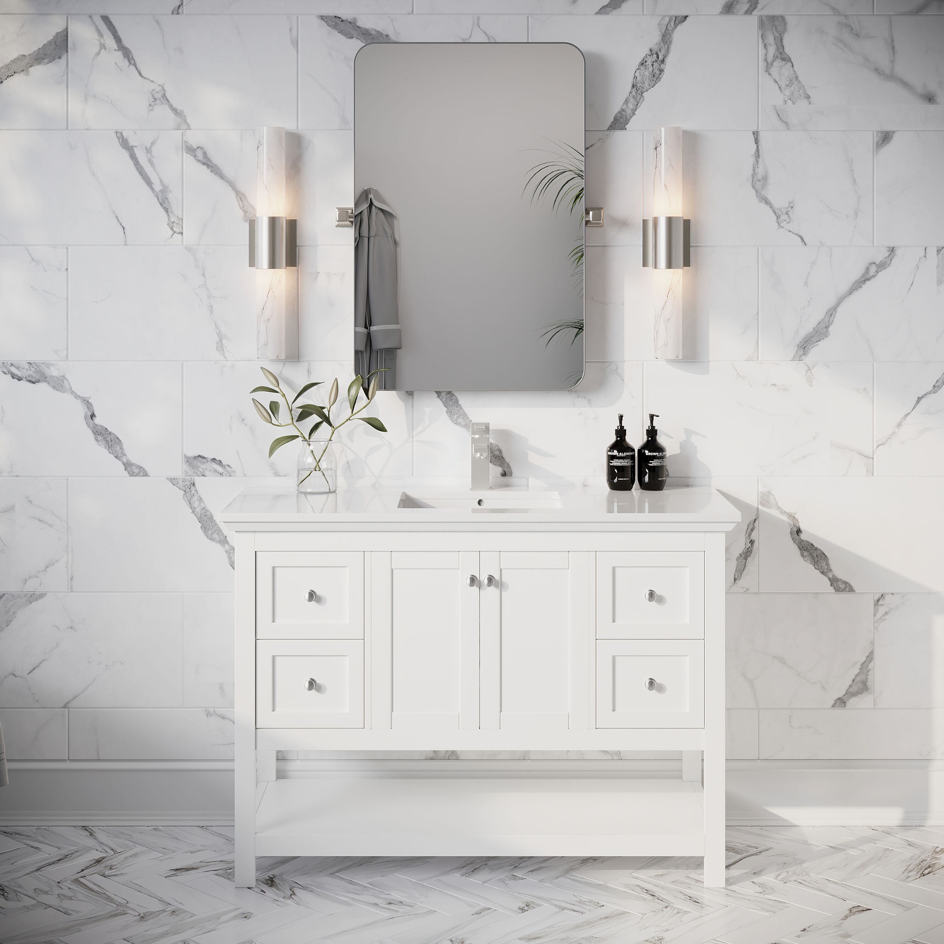 Fresca FCB2348WH-CWH-U Manchester 48-in White Undermount Single sink Bathroom Vanity with White Quartz Top