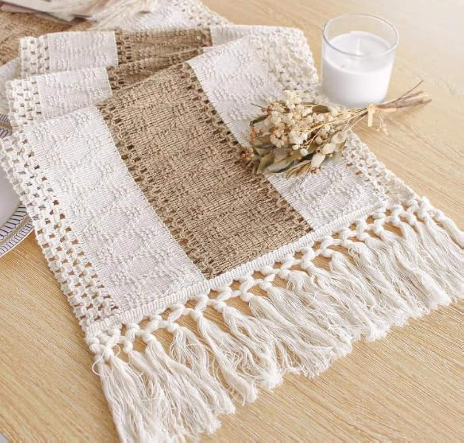 Afoxsos  Boho Table Runner Cream and Brown Macrame with Tassels 90 Inch for Dining Bedroom Holiday Decor Rustic Farmhouse Style Polyester Cotton