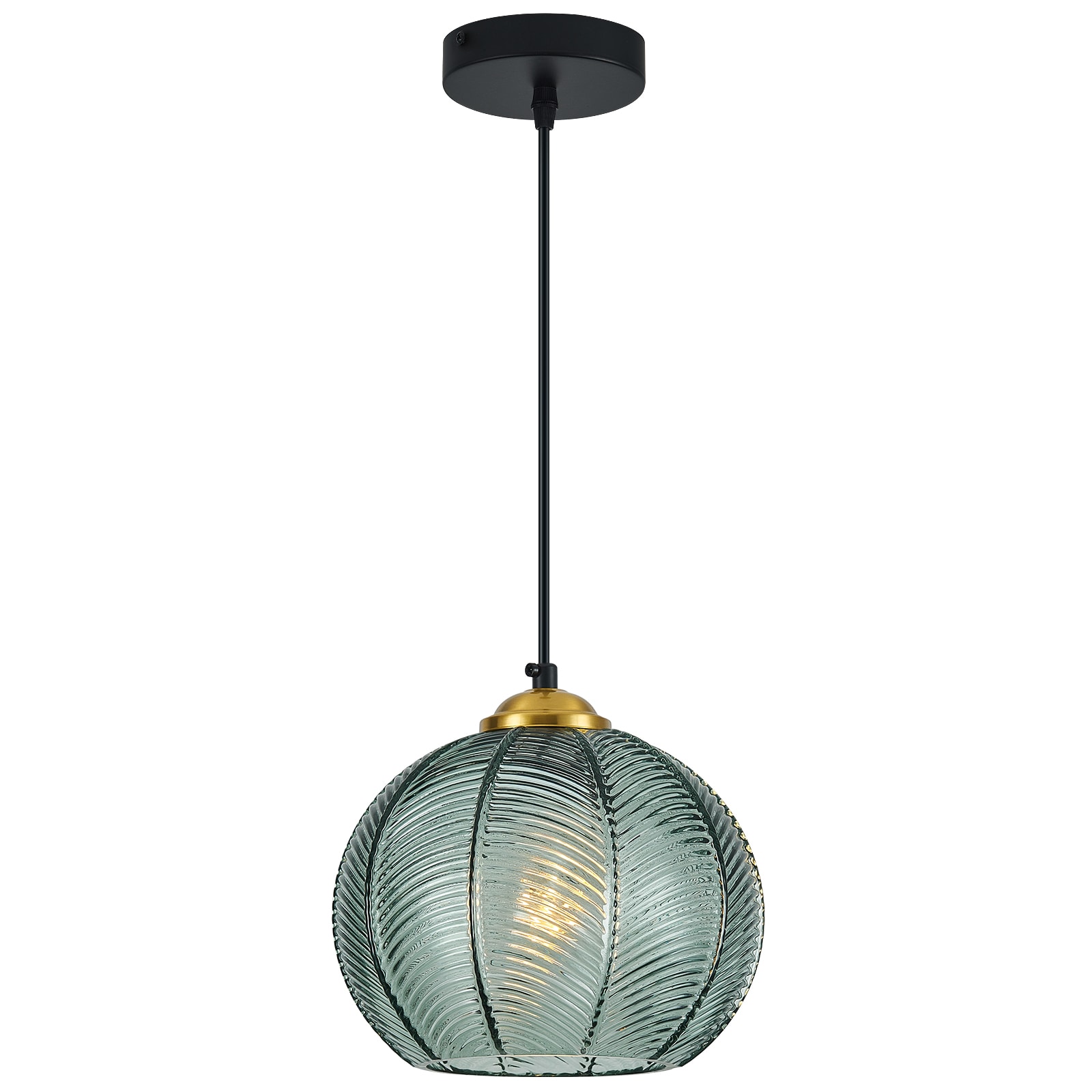 ZHLLMQ Modern 7.87 in 1-Light Black Gold Globe Hand Blown Green Ribbed Glass Hardwired Adjustable Pendant Light Fixture for Kitchen Island Decor