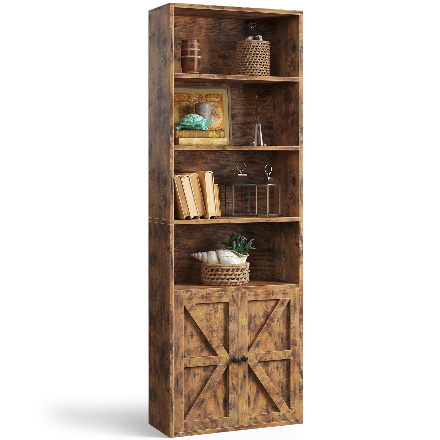 AOXUN LB04029BR Brown Composite 6 -Shelf Bookcase with Doors ( 21.9-in W x 71.3-in H x 9.3-in D ) Finished
