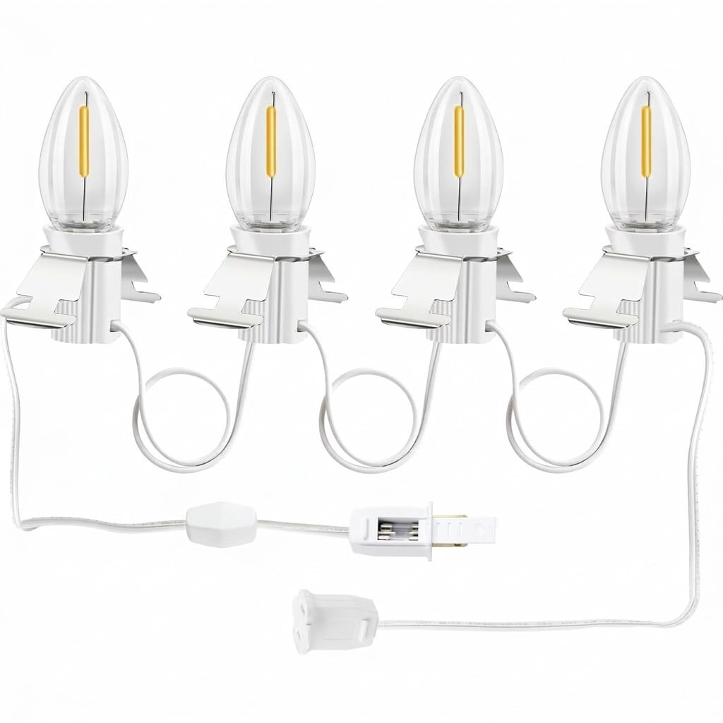 Oyezvary  1 Pack Light Bulb String Light with 4 Warm White C7 LED Bulbs Accessory Cord with Plug Switch and Clips for Christmas Village Halloween Decor