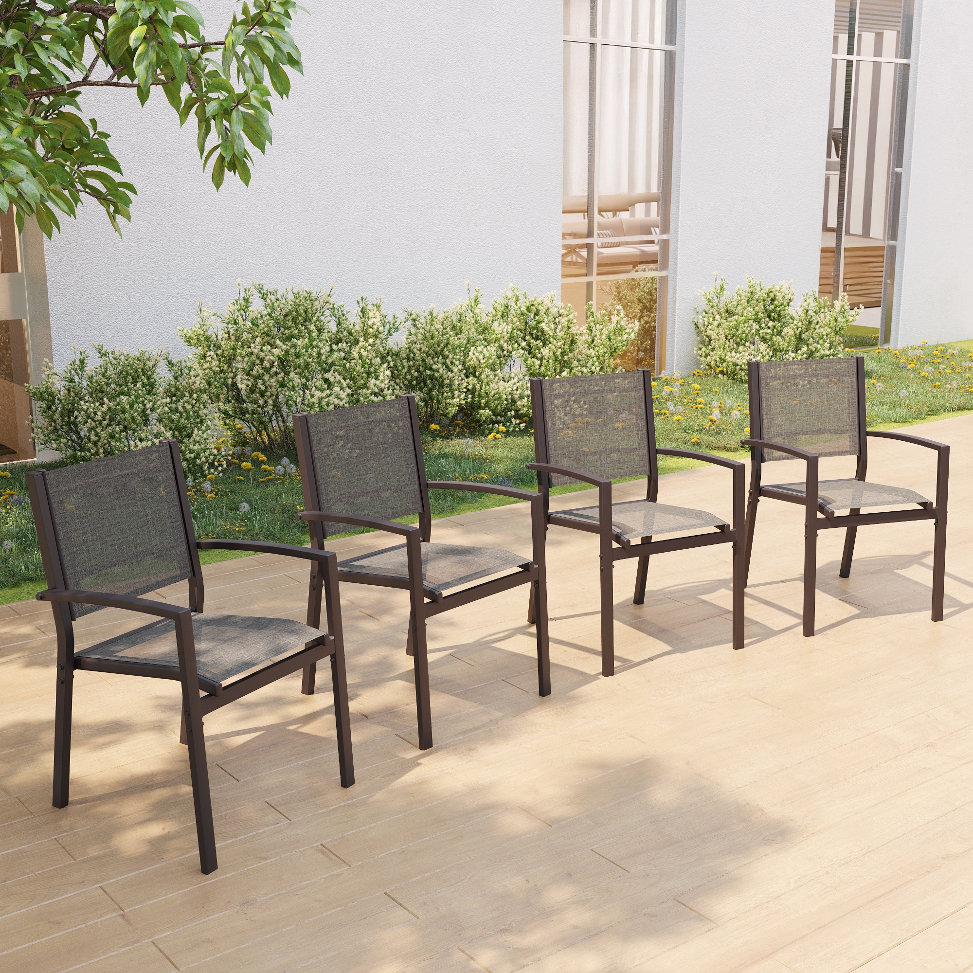 ACEGOSES LW-DS-265-GY-2 Skytop Set of 4 Stackable Dark Brwon Steel Frame Stationary Dining Chair with Gray Mesh Seat