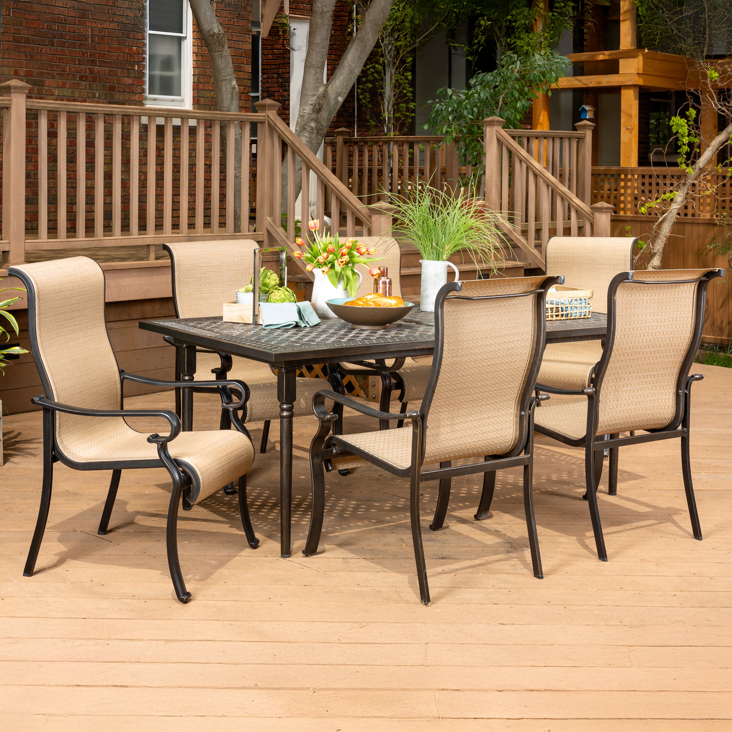 Hanover BRIGDN7PC-EX Brigantine 7 -Piece Espresso Bean Patio Dining Set Aluminum Rectangle Table with 6 Tan Stationary Chairs