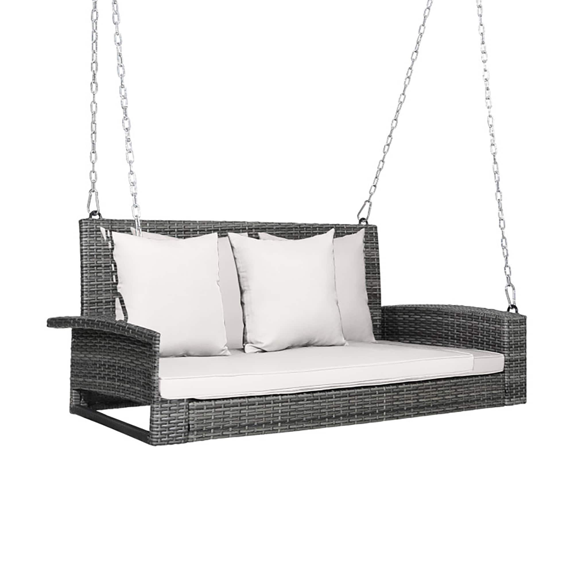 Gray Steel Frame Porch Swing with White Cushions