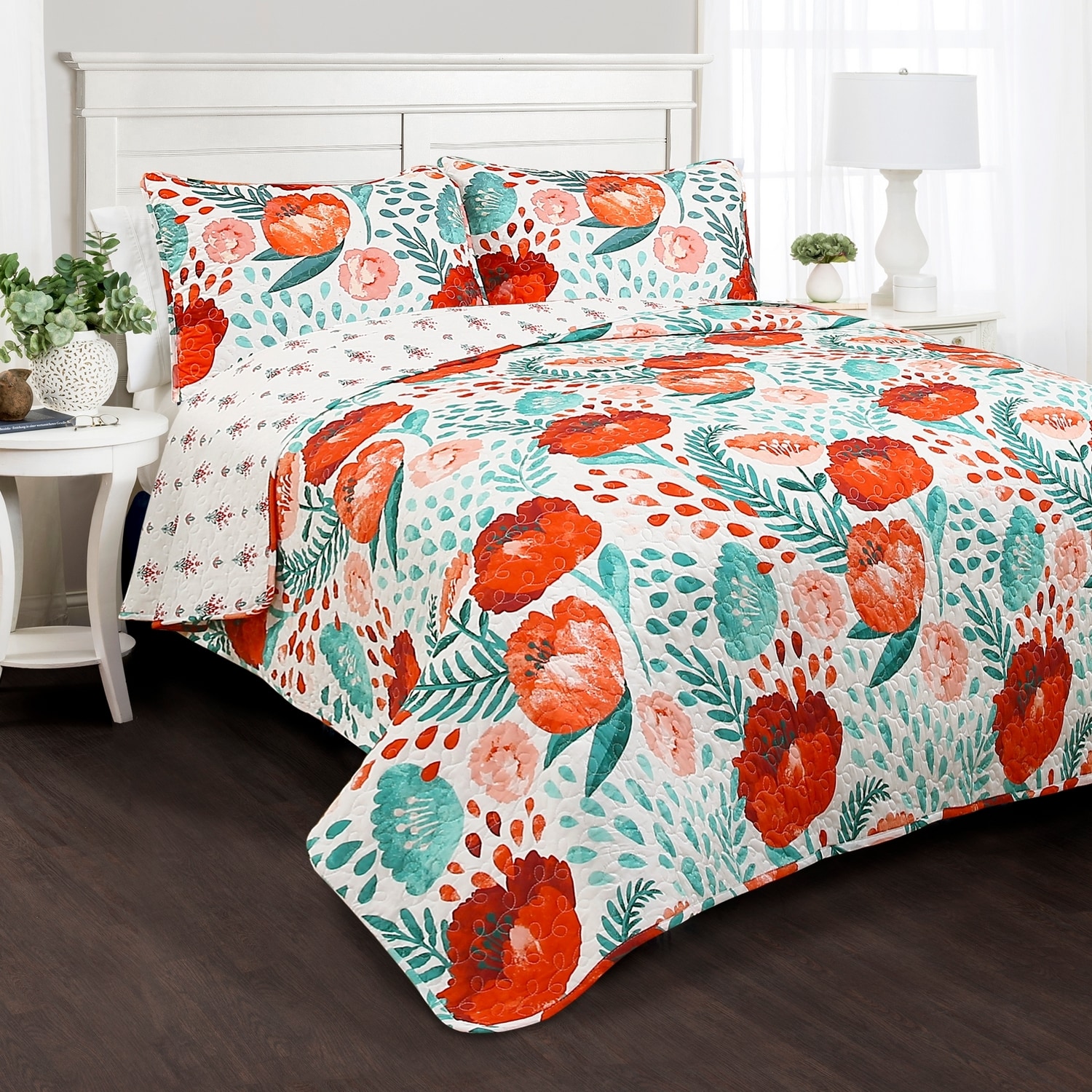 Full Multicolor Cotton Reversible Floral Quilt Set