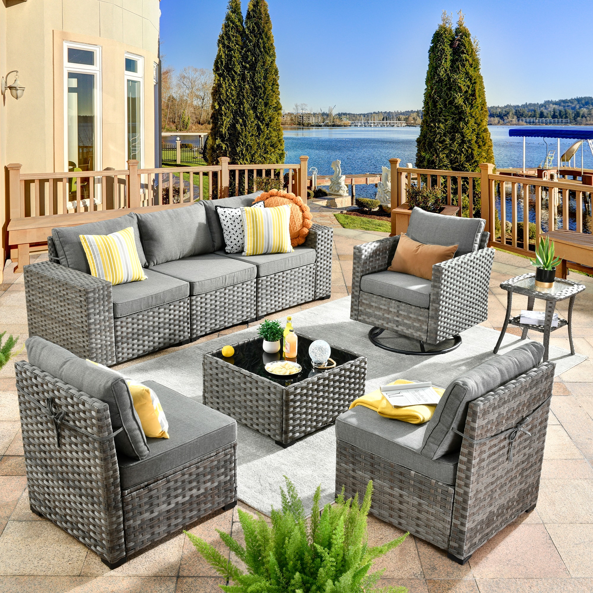 Ovios KFS200Y1 Shine Wicker Outdoor Sectional with Dark gray Cushions and Iron Frame