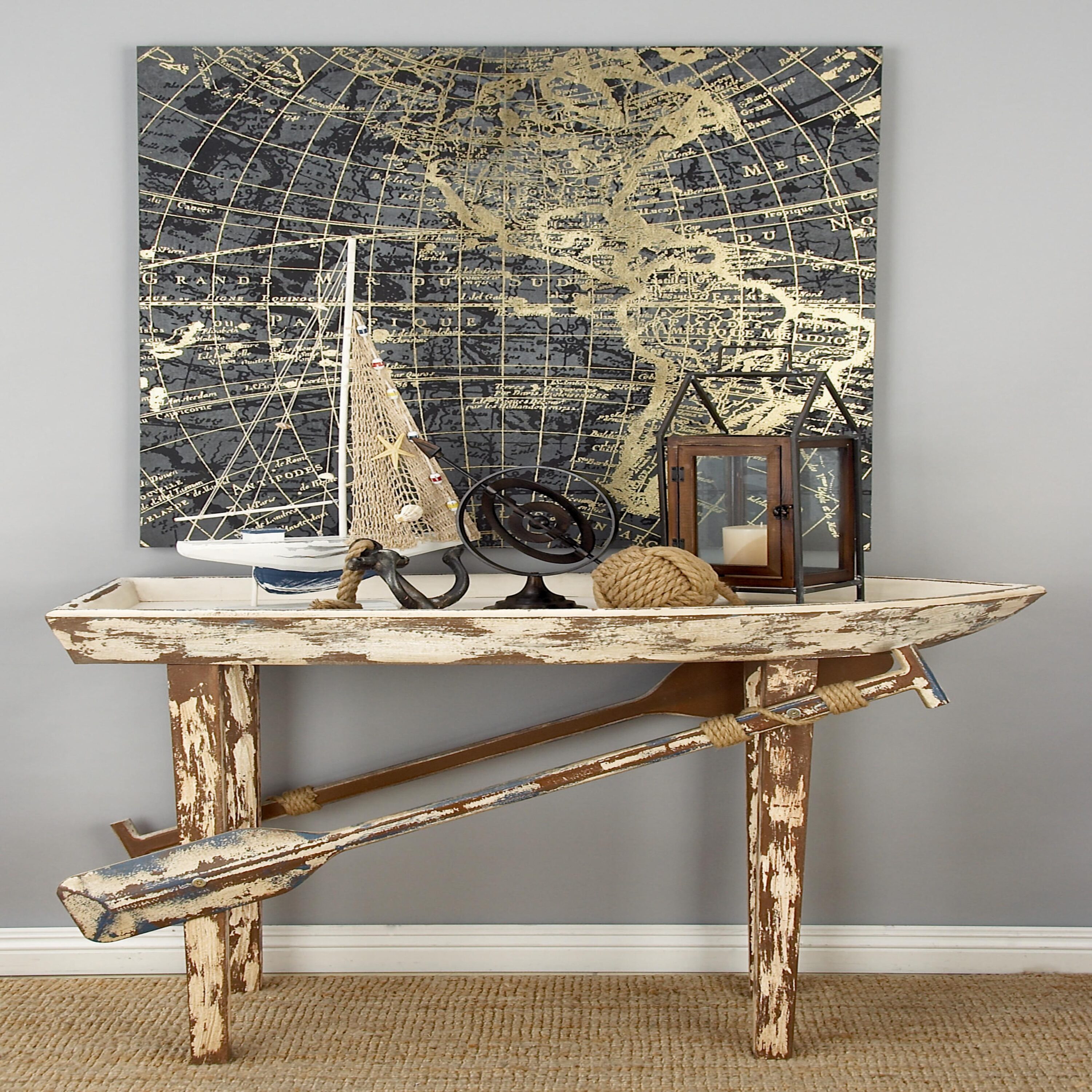 Grayson Lane 20442 Distressed Boat Shaped Coastal 49" White Boat Shaped Console table