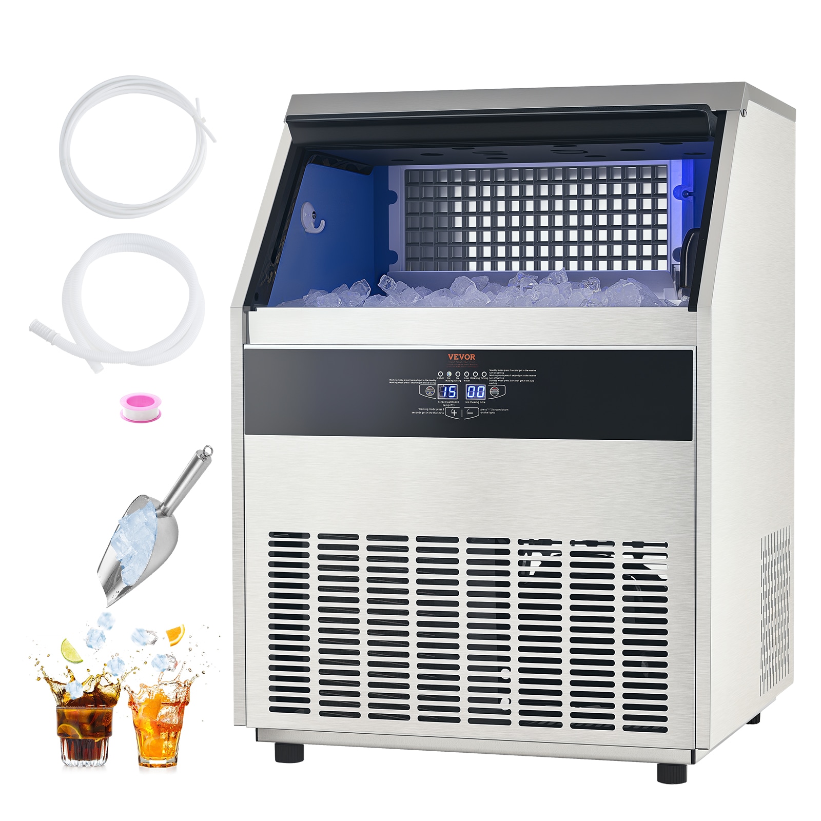 VEVOR XRJ1GXRJ10LX10001V1 88 LBS Storage Ice Maker 360-lb Ice Per day Freestanding Cubed Ice Maker ( Stainless Steel )